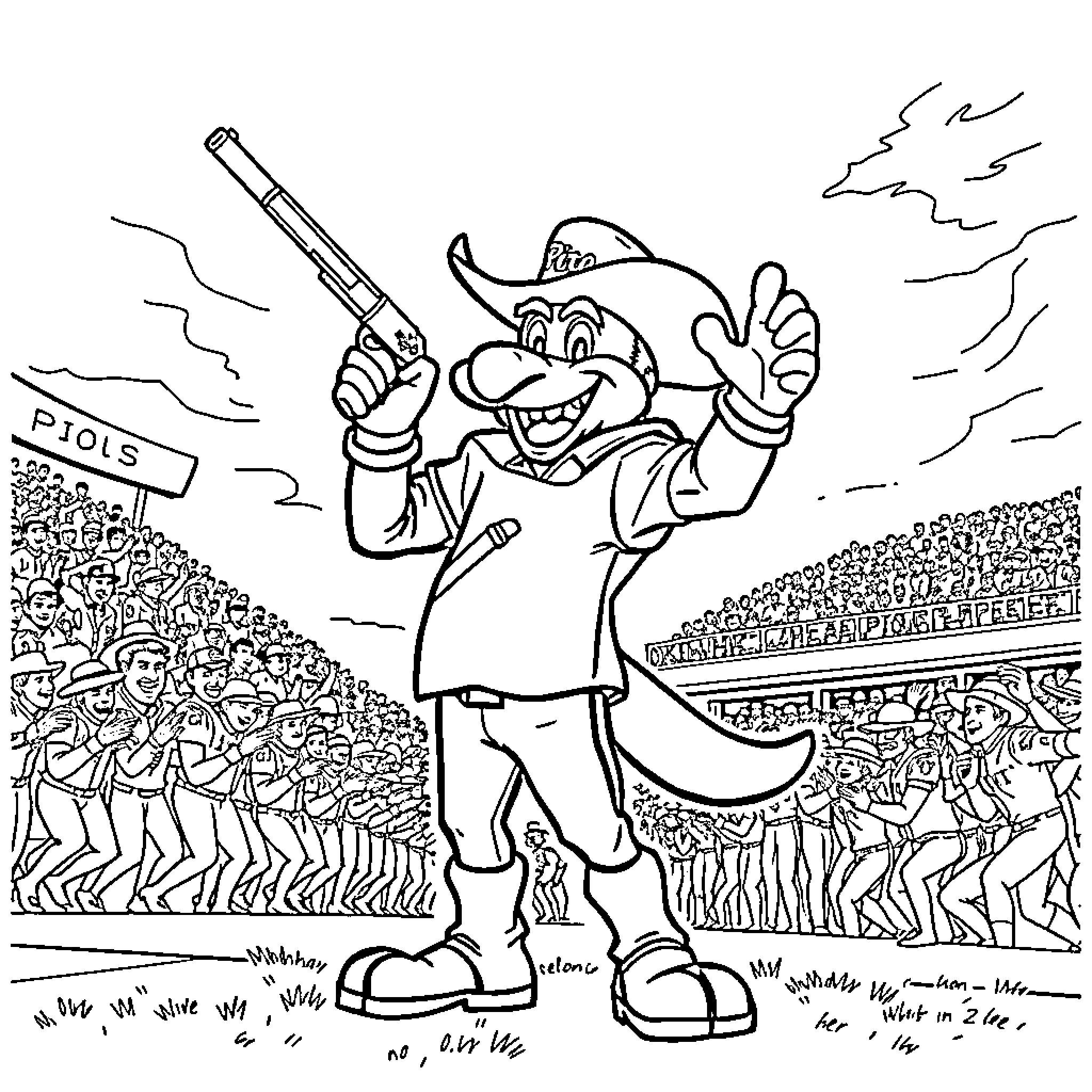 Pistol Pete cheering on the crowd at the stadium Coloring Page (free black-and-white line drawing printable PDF for all, from beginners to advanced learners, including children, teens, adults, and seniors)