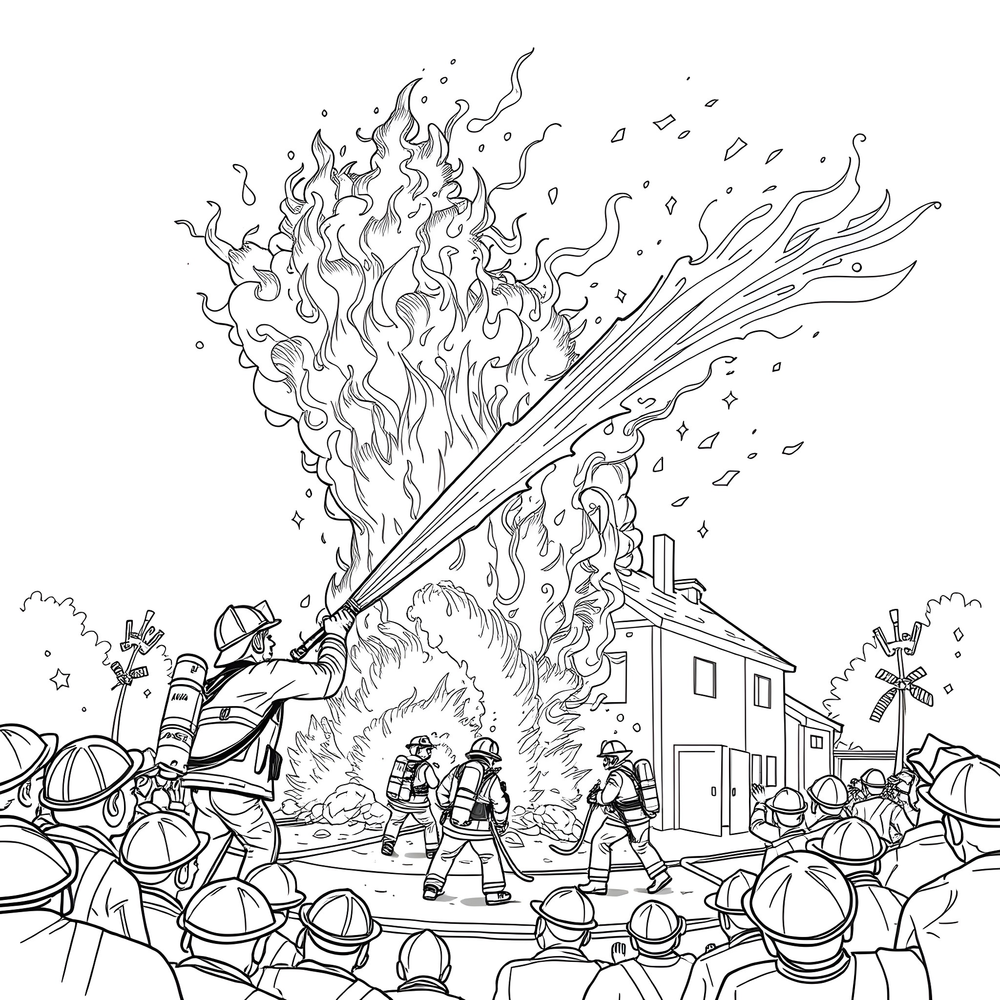 Firefighters battling a raging fire in the community Coloring Page (free black-and-white line drawing printable PDF for all, from beginners to advanced learners, including children, teens, adults, and seniors)