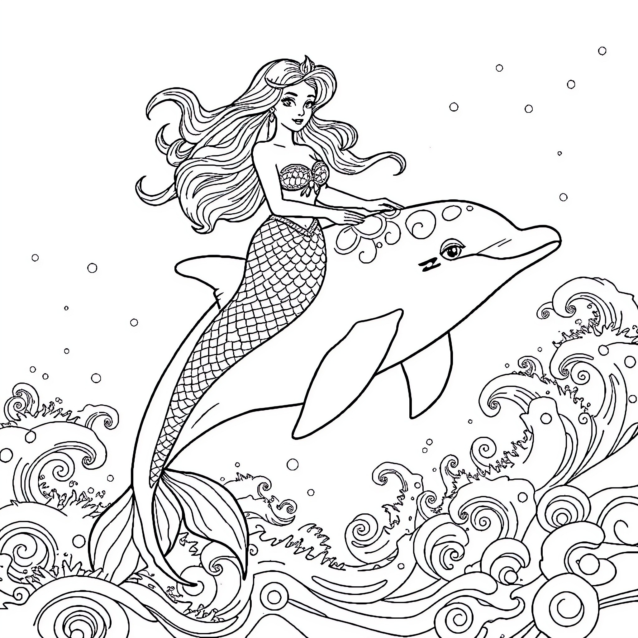 Mermaid riding a playful dolphin underwater Coloring Page (free black-and-white line drawing printable PDF for all, from beginners to advanced learners, including children, teens, adults, and seniors)