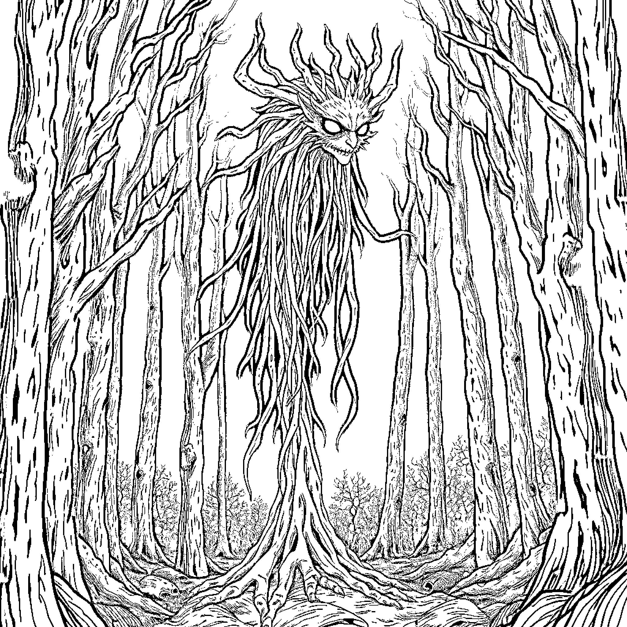 Siren Head in the eerie forest Coloring Page (free black-and-white line drawing printable PDF for all, from beginners to advanced learners, including children, teens, adults, and seniors)