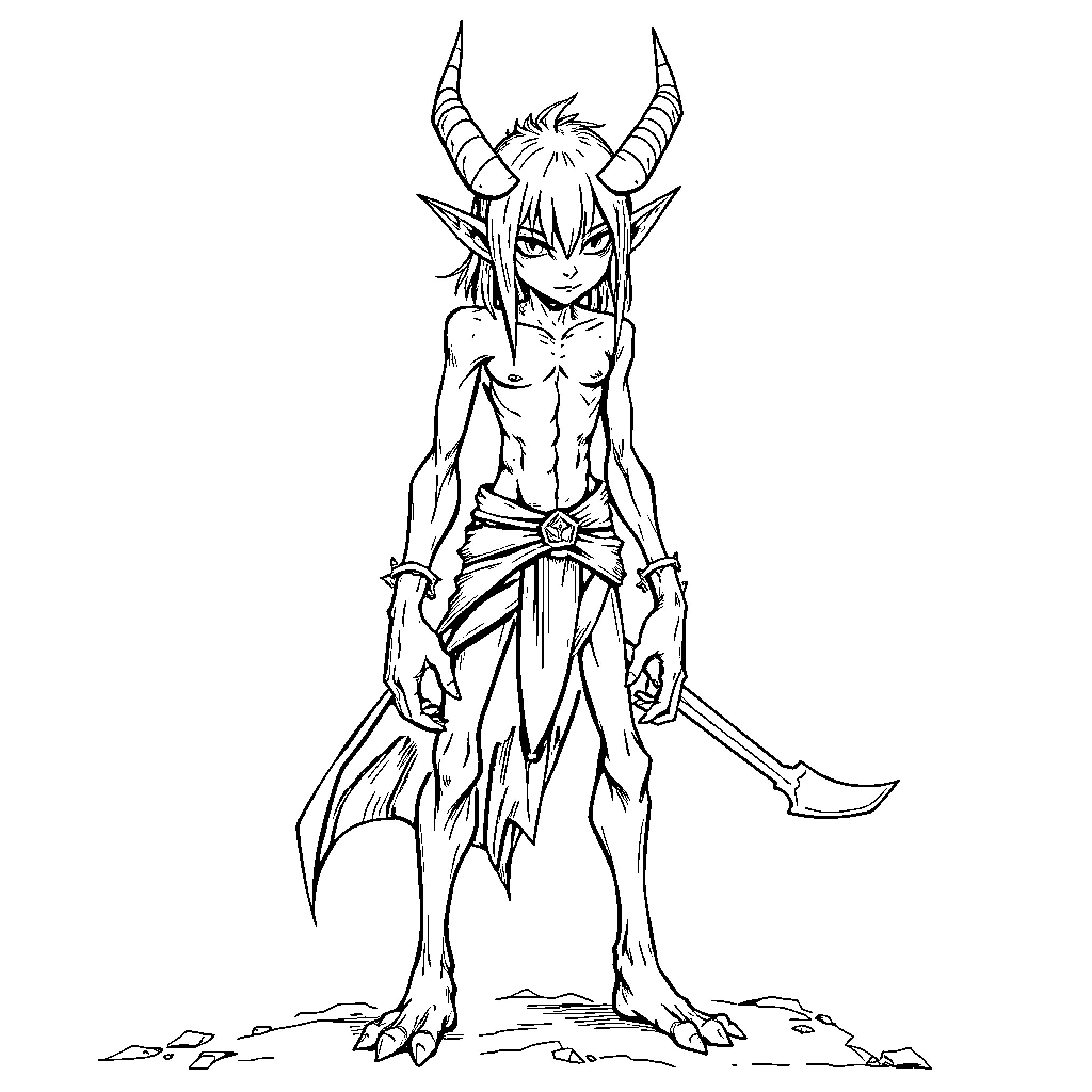 Tiefling warrior wielding a sword in a rugged terrain Coloring Page (free black-and-white line drawing printable PDF for all, from beginners to advanced learners, including children, teens, adults, and seniors)