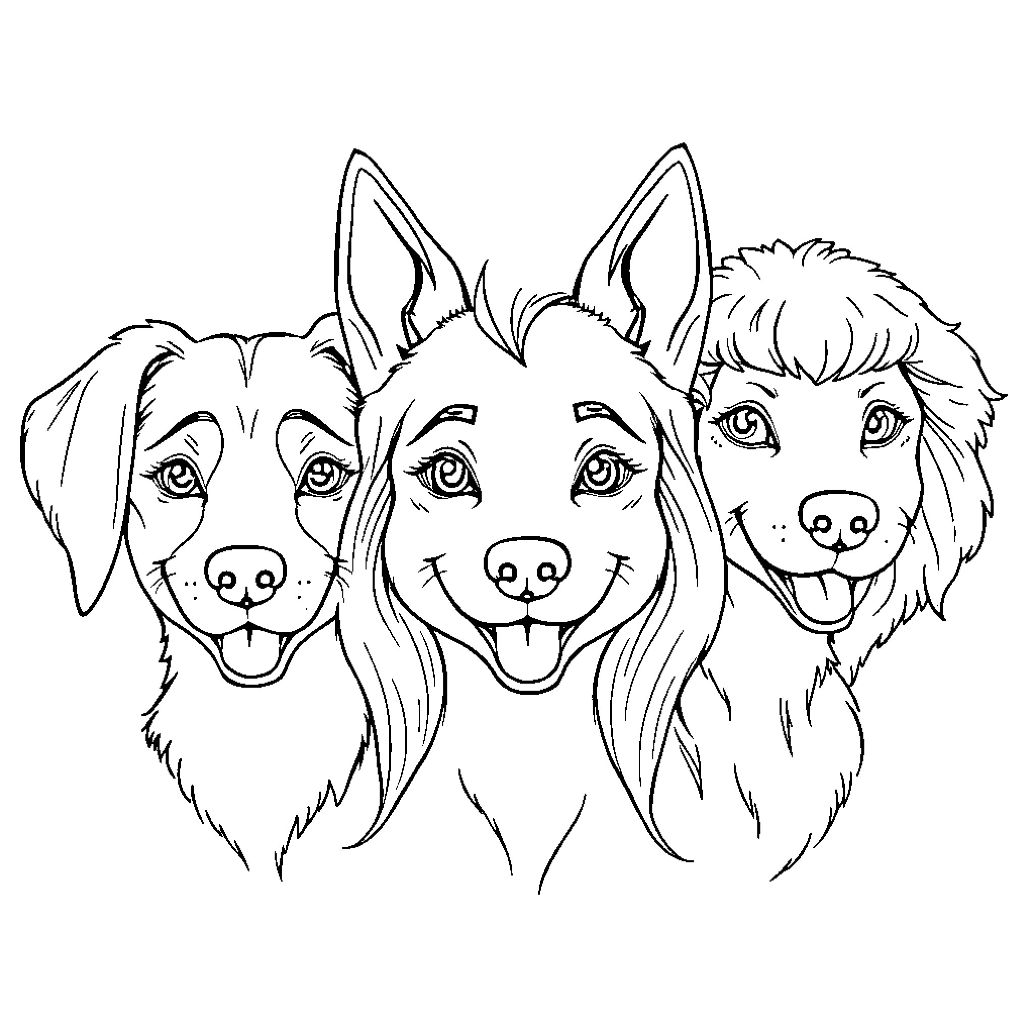 Rumi and the Happy Canines Coloring Page (free black-and-white line drawing printable PDF for all, from beginners to advanced learners, including children, teens, adults, and seniors)