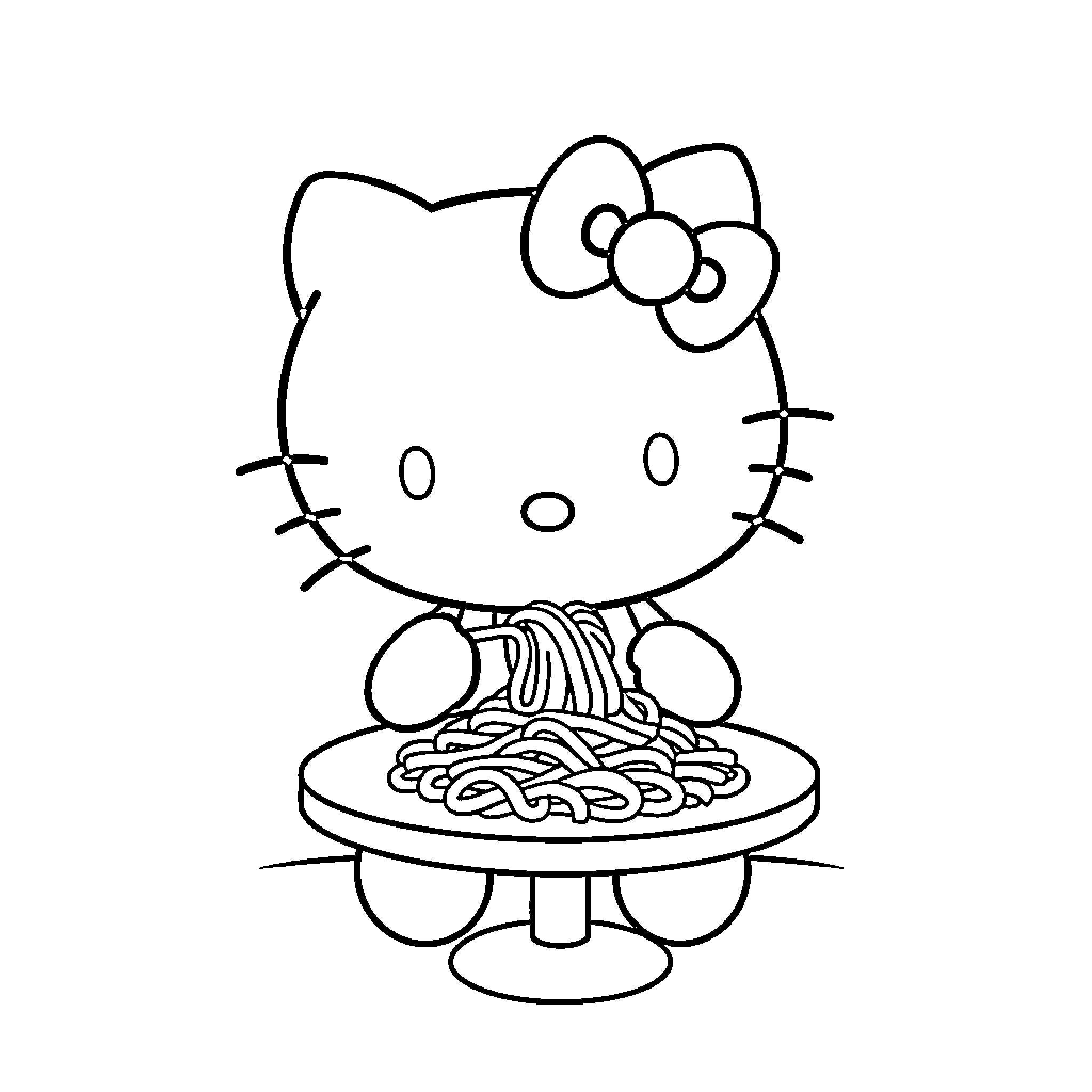 Hello Kitty Enjoying Spaghetti Dinner Coloring Page (free black-and-white line drawing printable PDF for all, from beginners to advanced learners, including children, teens, adults, and seniors)