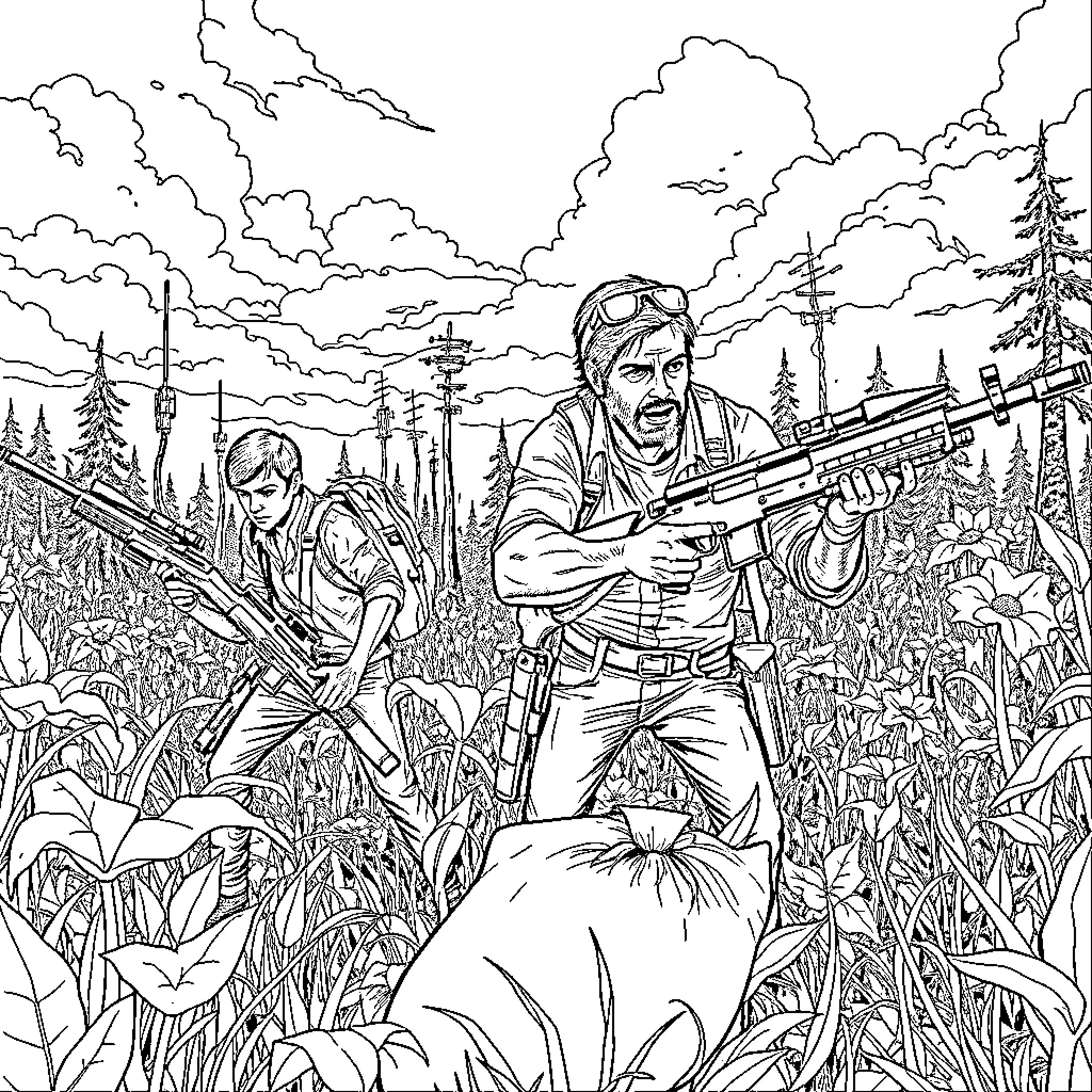 Joel's Survival in the Rugged Wilderness Coloring Page (free black-and-white line drawing printable PDF for all, from beginners to advanced learners, including children, teens, adults, and seniors)