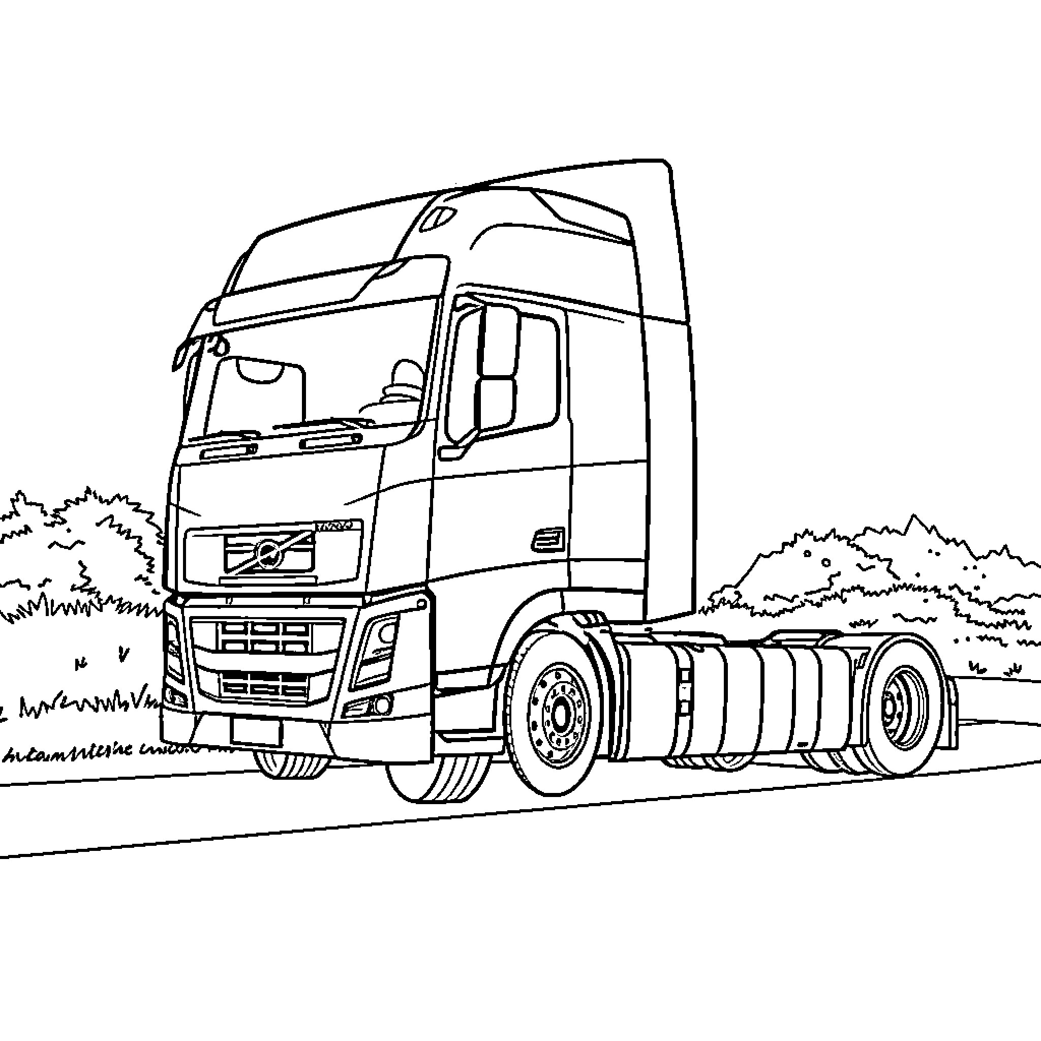 Truck traveling on a rural road Coloring Page (free black-and-white line drawing printable PDF for all, from beginners to advanced learners, including children, teens, adults, and seniors)