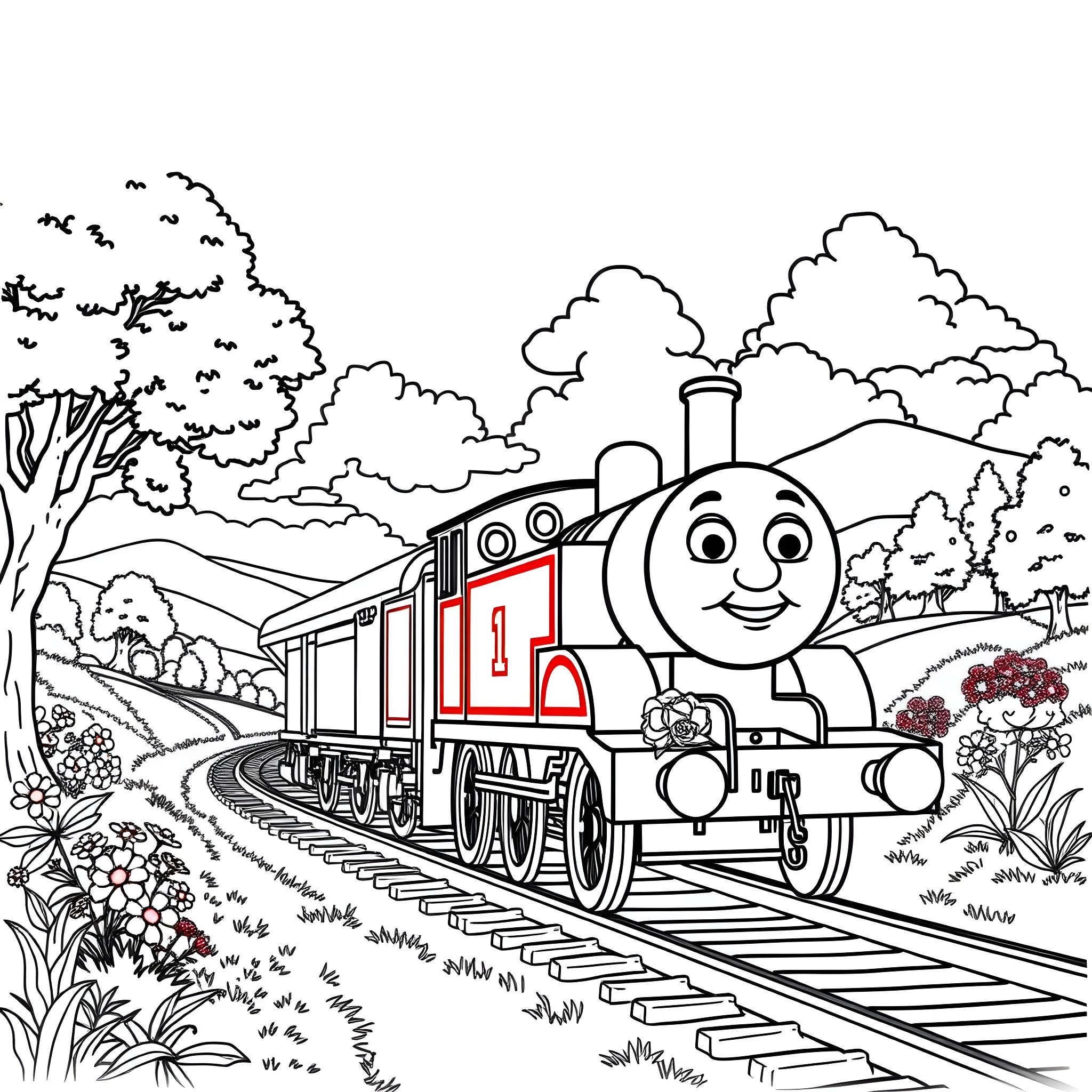 Thomas riding happily on the train through the countryside Coloring Page (free black-and-white line drawing printable PDF for all, from beginners to advanced learners, including children, teens, adults, and seniors)