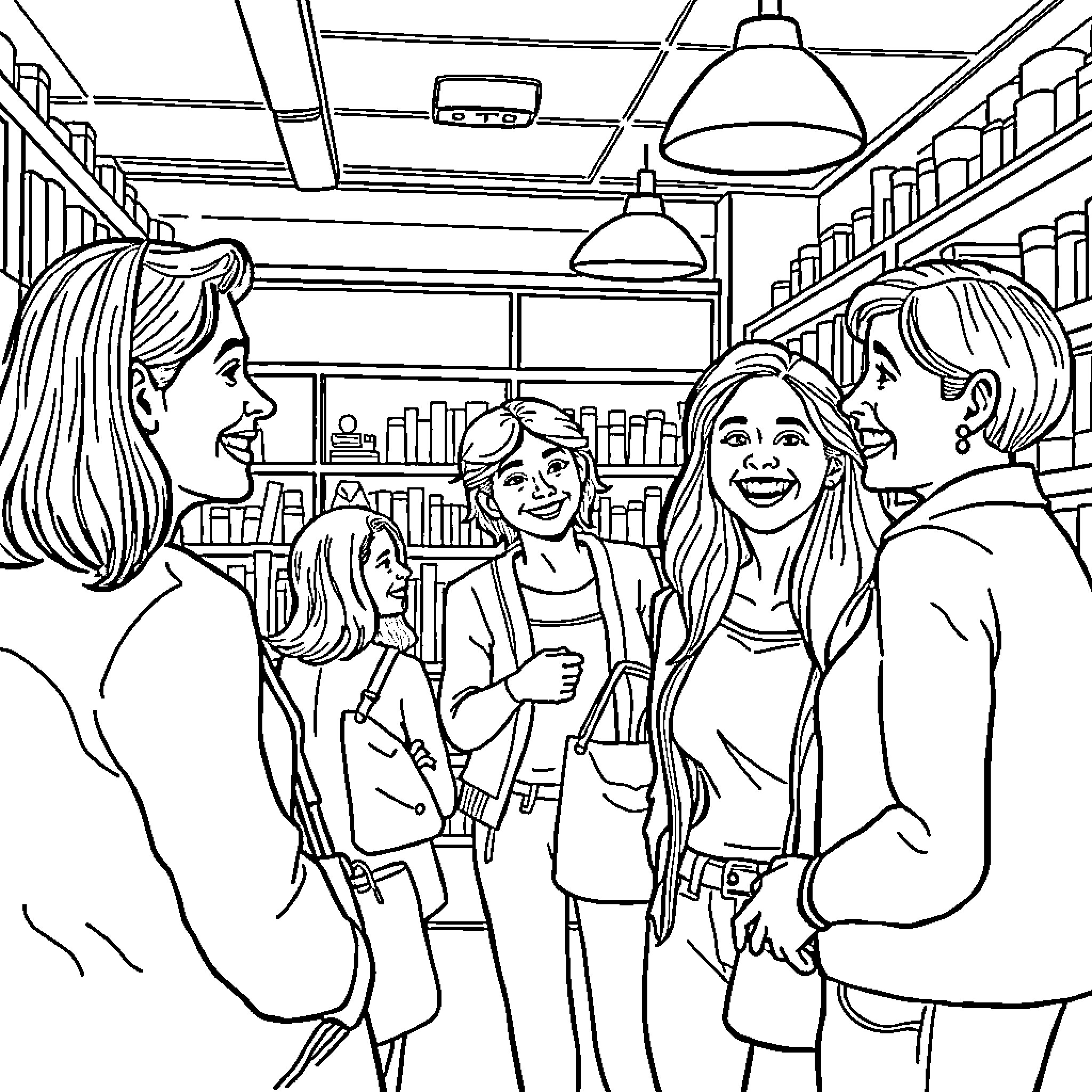 Person chatting happily in a cozy bookstore Coloring Page (free black-and-white line drawing printable PDF for all, from beginners to advanced learners, including children, teens, adults, and seniors)
