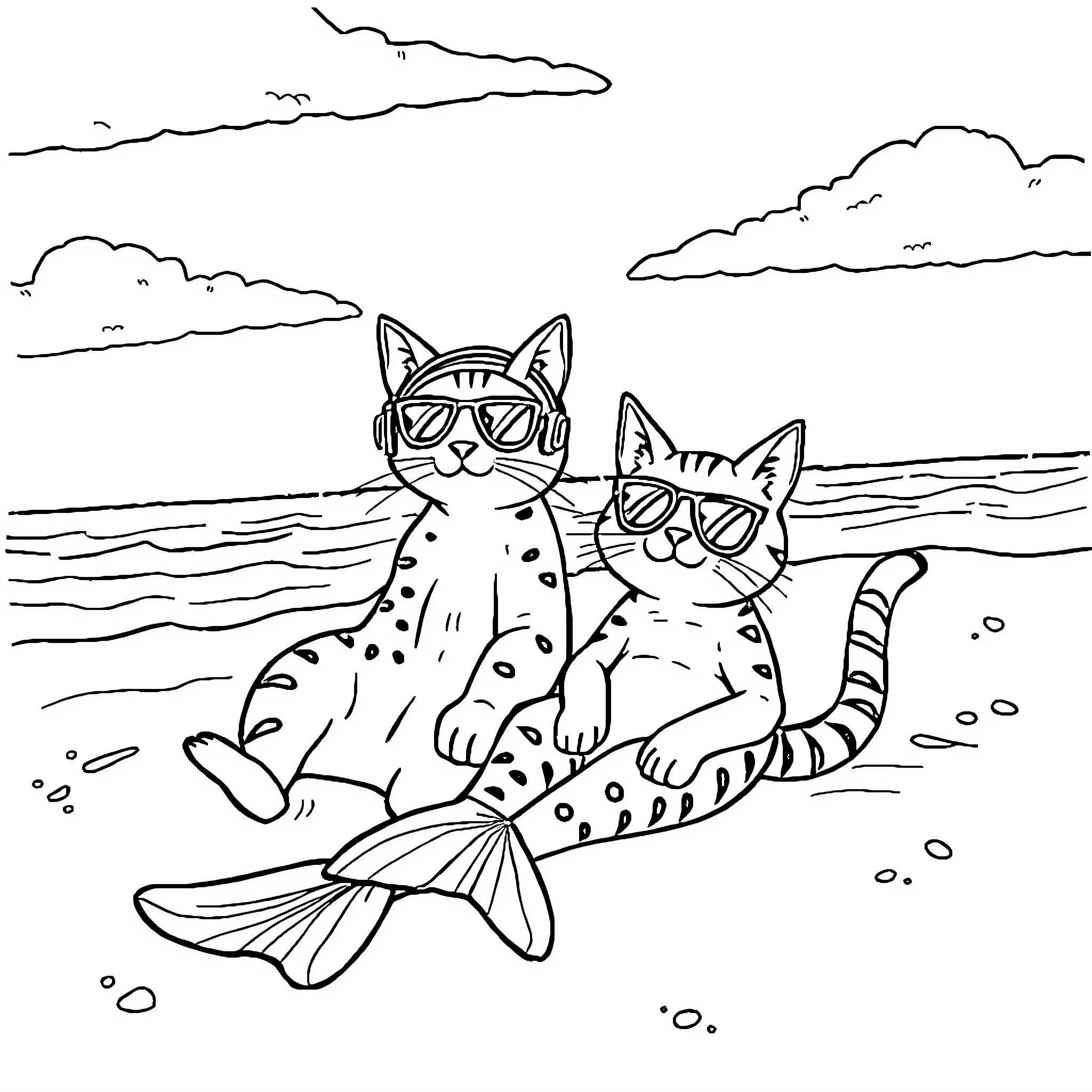 Cats relaxing on the beach with sunglasses Coloring Page (free black-and-white line drawing printable PDF for all, from beginners to advanced learners, including children, teens, adults, and seniors)