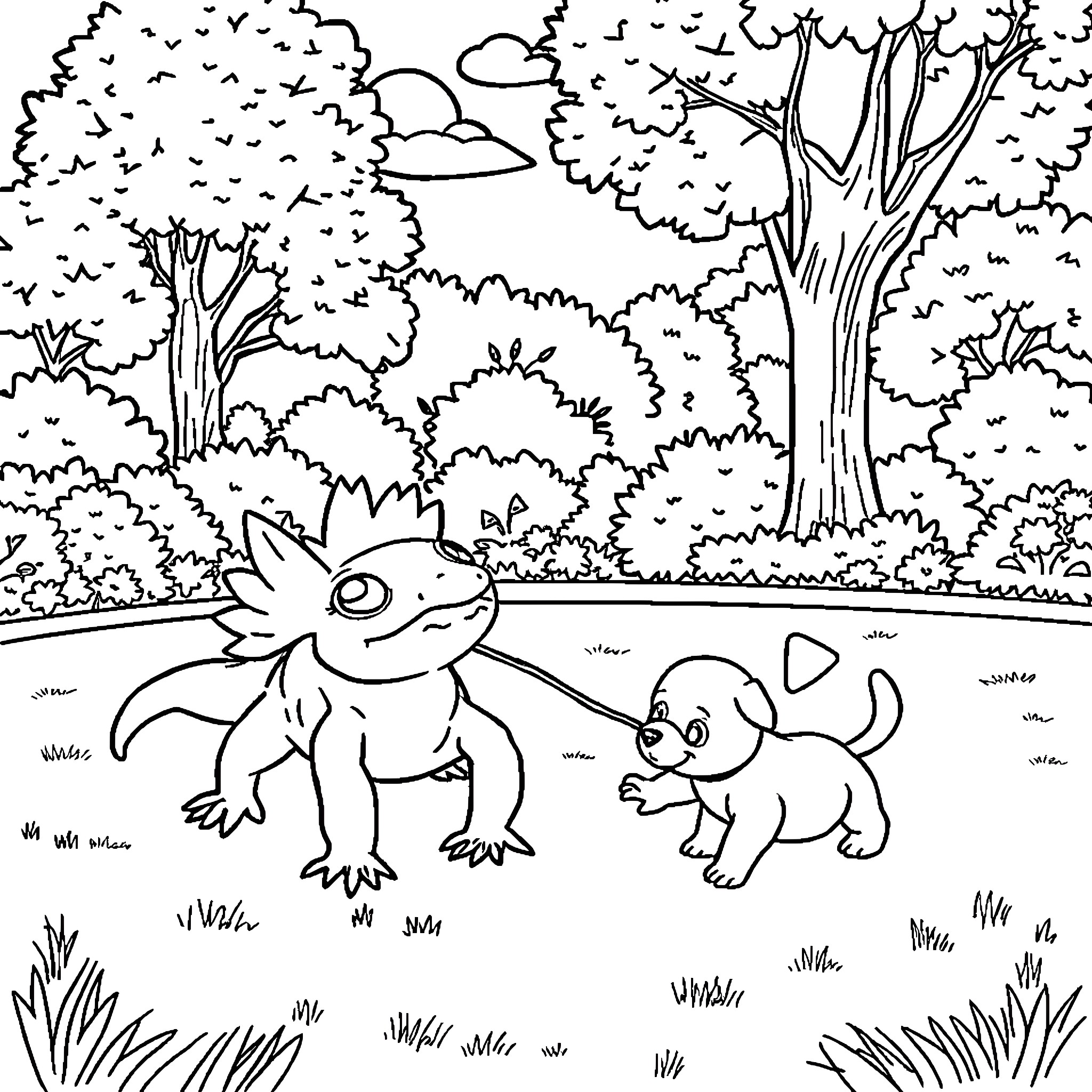 Axolotl and Puppy Playing in Nature Coloring Page (free black-and-white line drawing printable PDF for all, from beginners to advanced learners, including children, teens, adults, and seniors)