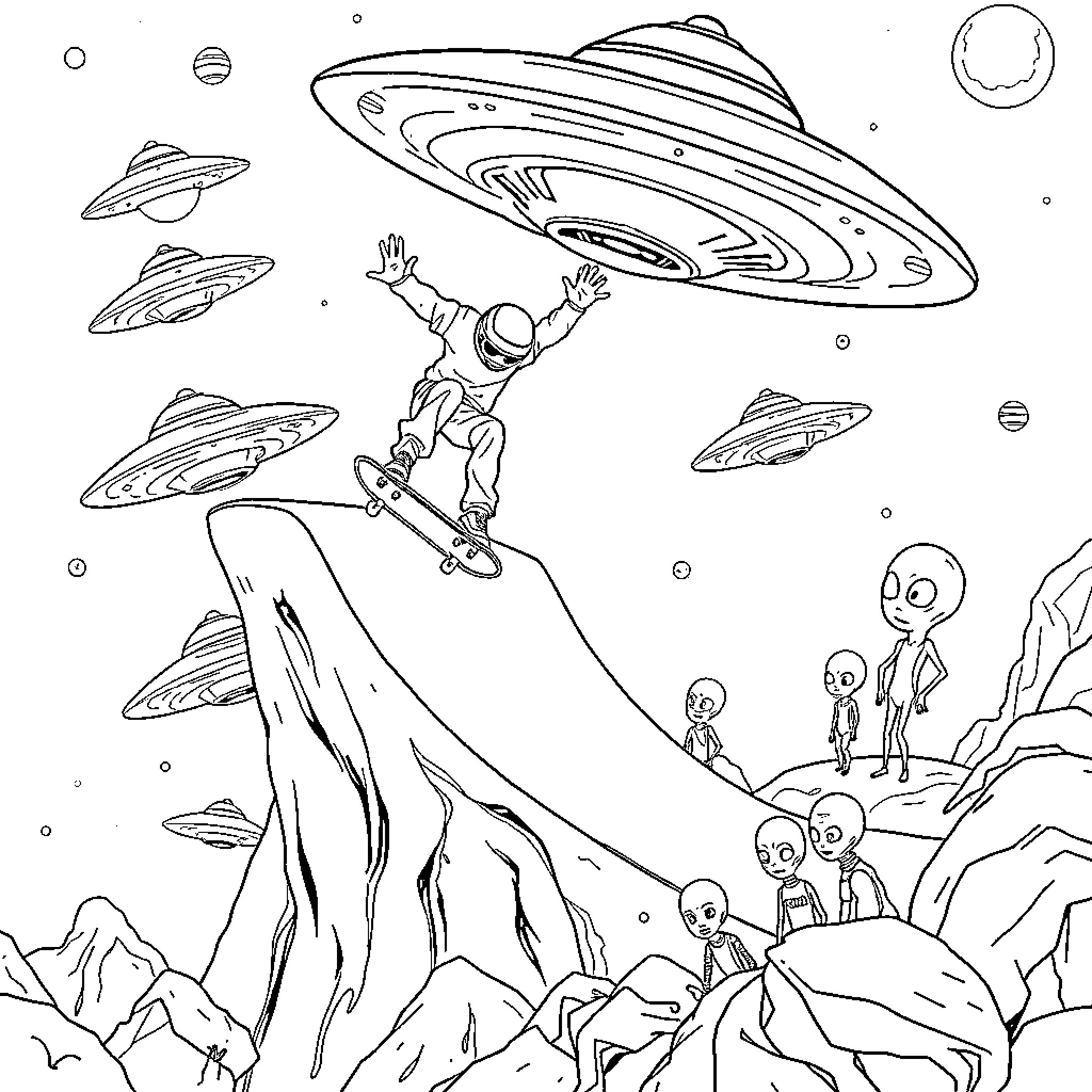 Skateboarder soaring through alien landscape with UFOs Coloring Page (free black-and-white line drawing printable PDF for all, from beginners to advanced learners, including children, teens, adults, and seniors)