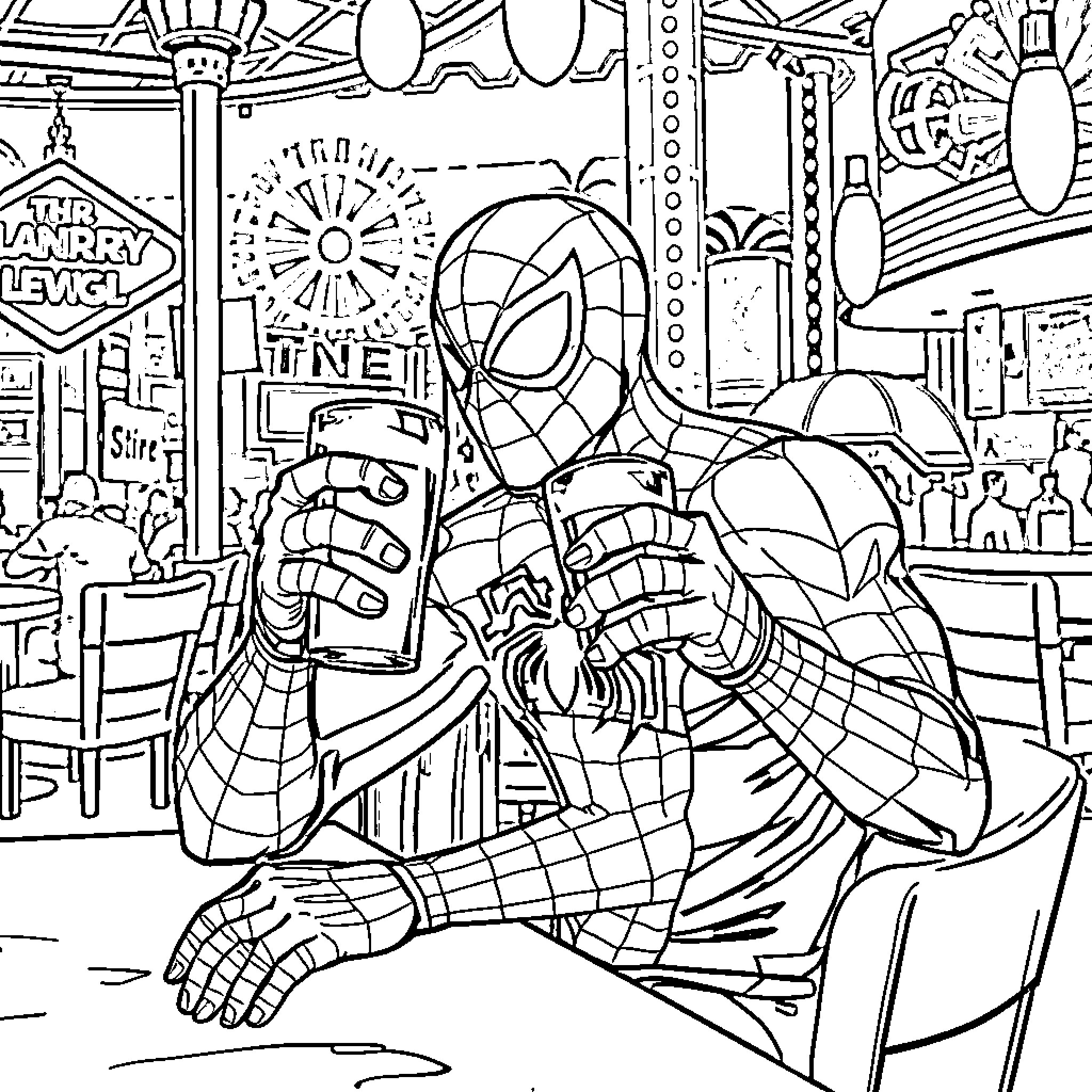 Spiderman enjoying a drink at the city carnival Coloring Page (free black-and-white line drawing printable PDF for all, from beginners to advanced learners, including children, teens, adults, and seniors)