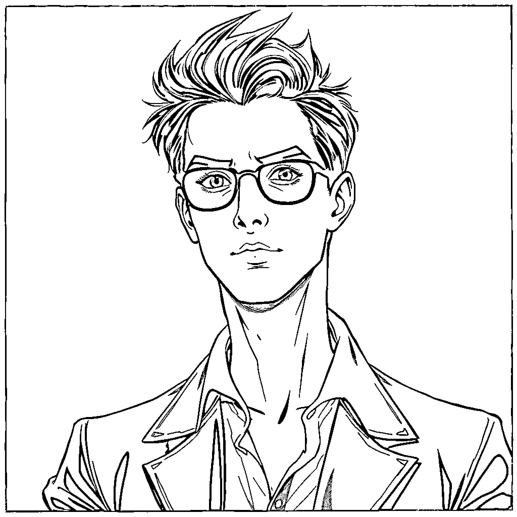 Levi Ackerman in a serious expression with glasses Coloring Page (free black-and-white line drawing printable PDF for all, from beginners to advanced learners, including children, teens, adults, and seniors)