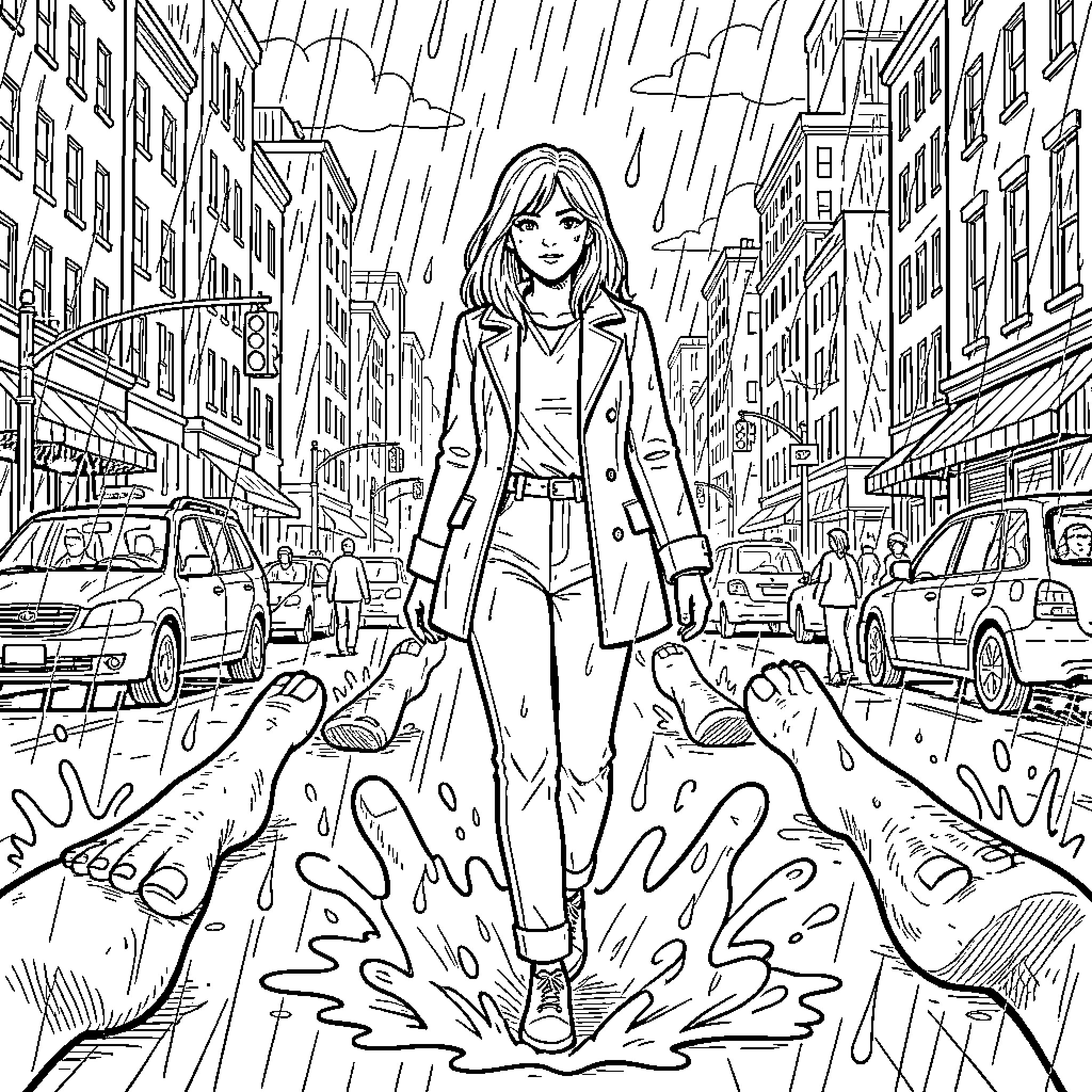 Woman walking through city streets during rain Coloring Page (free black-and-white line drawing printable PDF for all, from beginners to advanced learners, including children, teens, adults, and seniors)