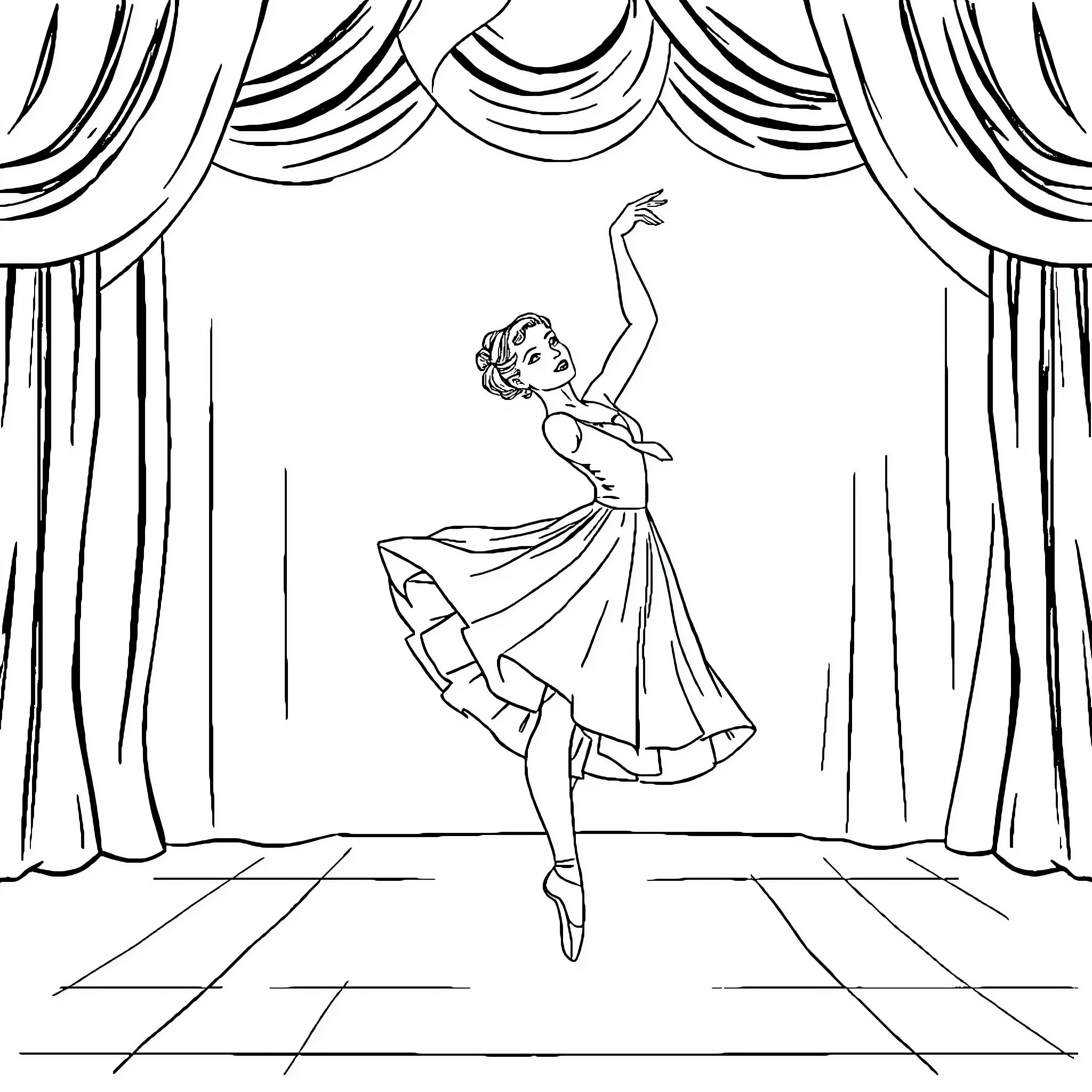 Ballerina performing graceful dance on stage Coloring Page (free black-and-white line drawing printable PDF for all, from beginners to advanced learners, including children, teens, adults, and seniors)