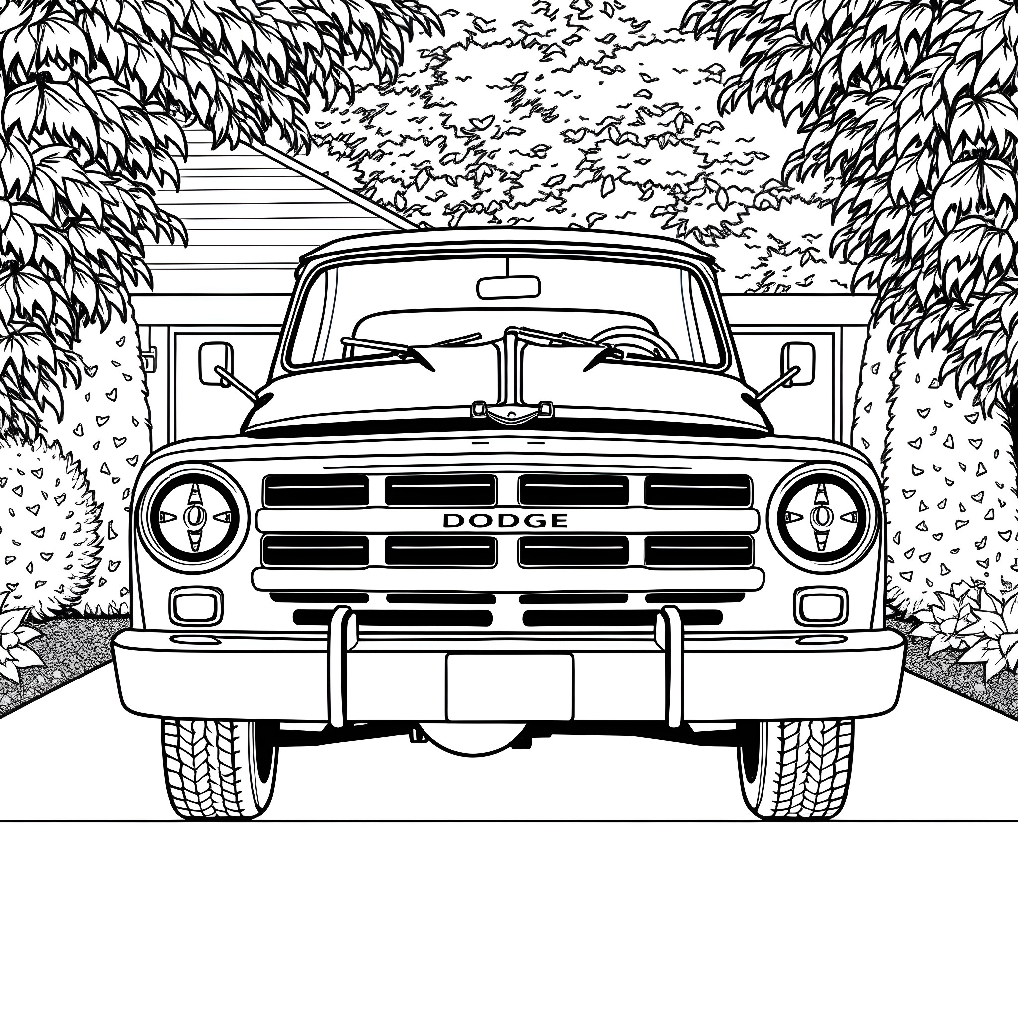 Dodge Power Truck in Nature Landscape Coloring Page (free black-and-white line drawing printable PDF for all, from beginners to advanced learners, including children, teens, adults, and seniors)