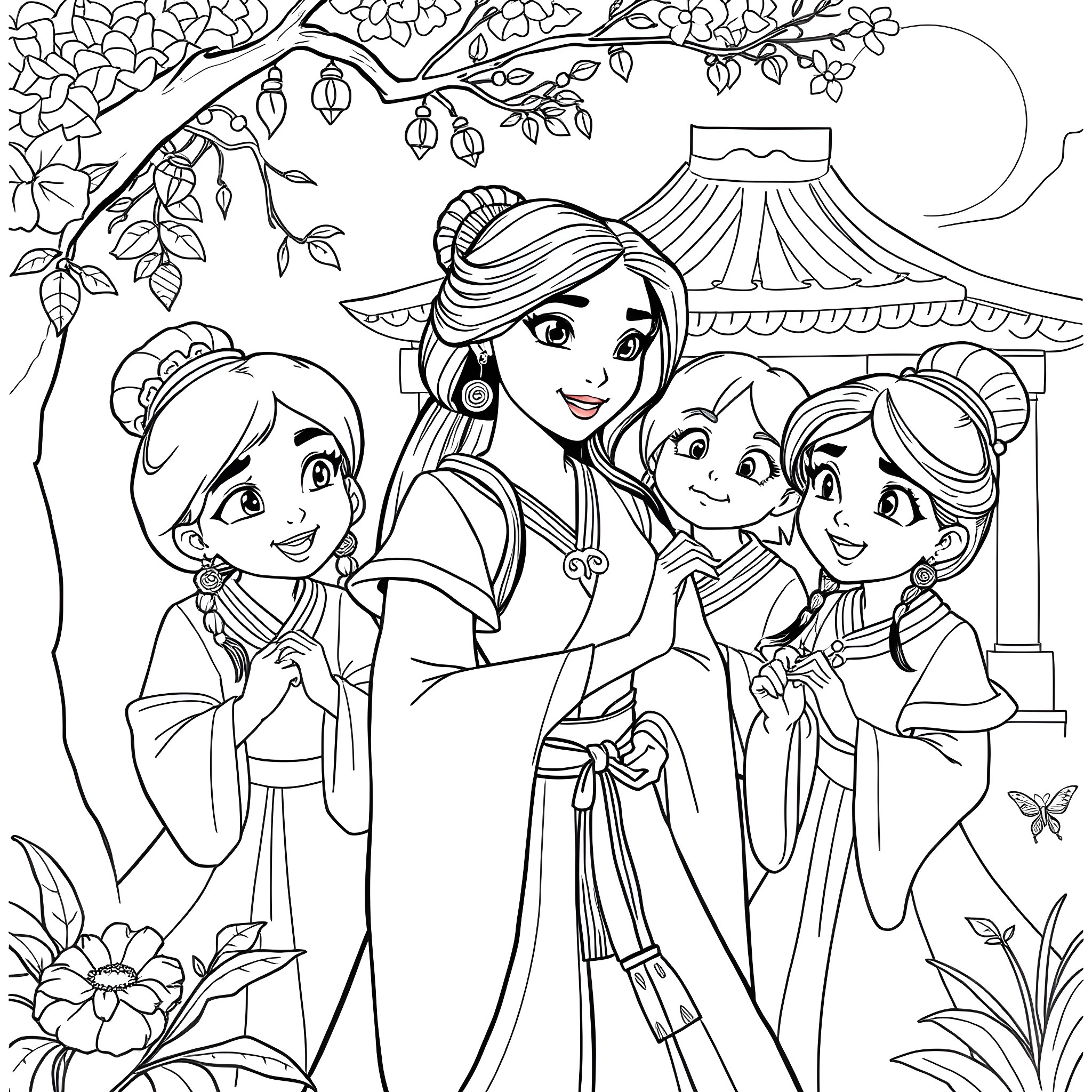 Princess and her Friends Enjoying Nature Coloring Page (free black-and-white line drawing printable PDF for all, from beginners to advanced learners, including children, teens, adults, and seniors)