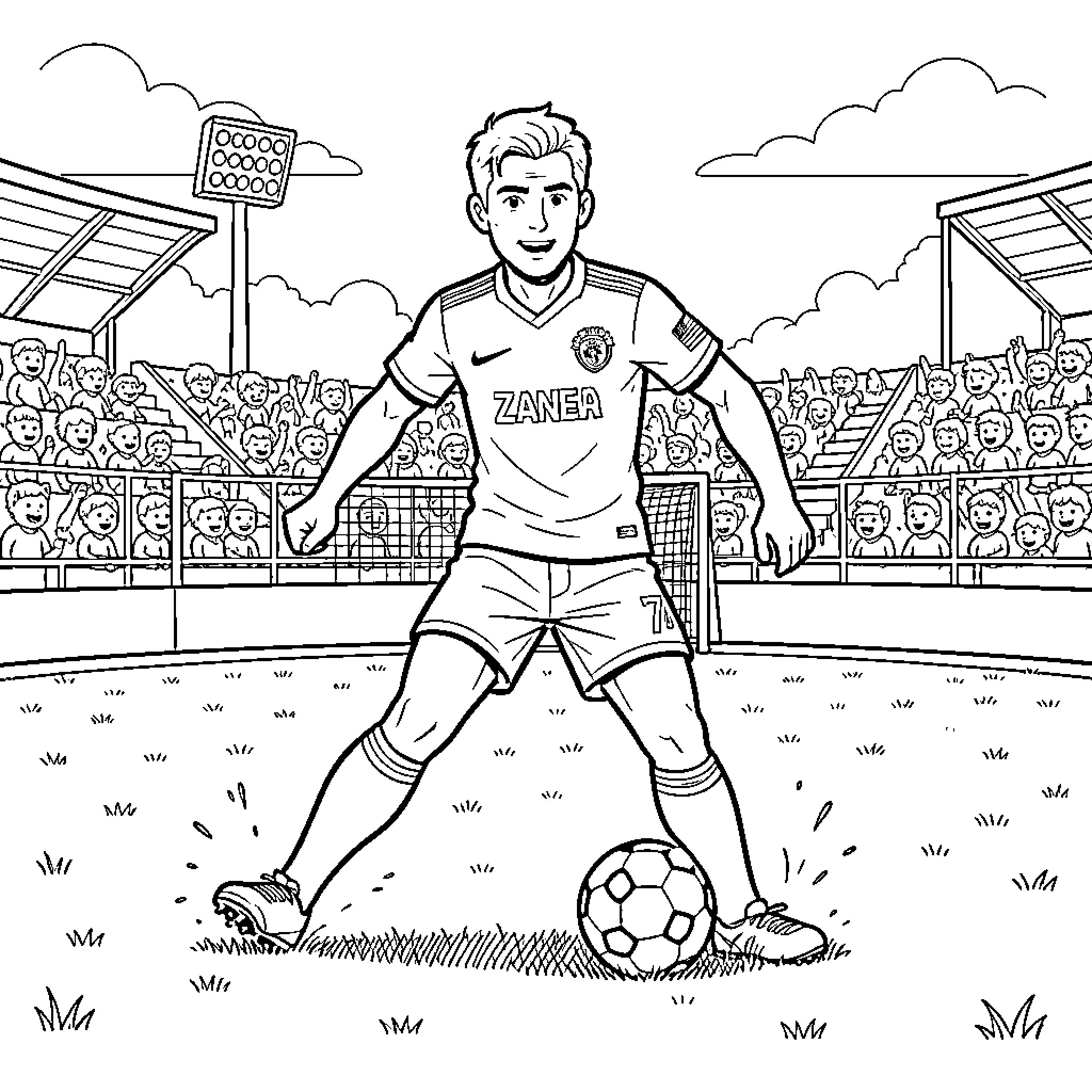 Tim Payne playing soccer in a crowded stadium Coloring Page (free black-and-white line drawing printable PDF for all, from beginners to advanced learners, including children, teens, adults, and seniors)