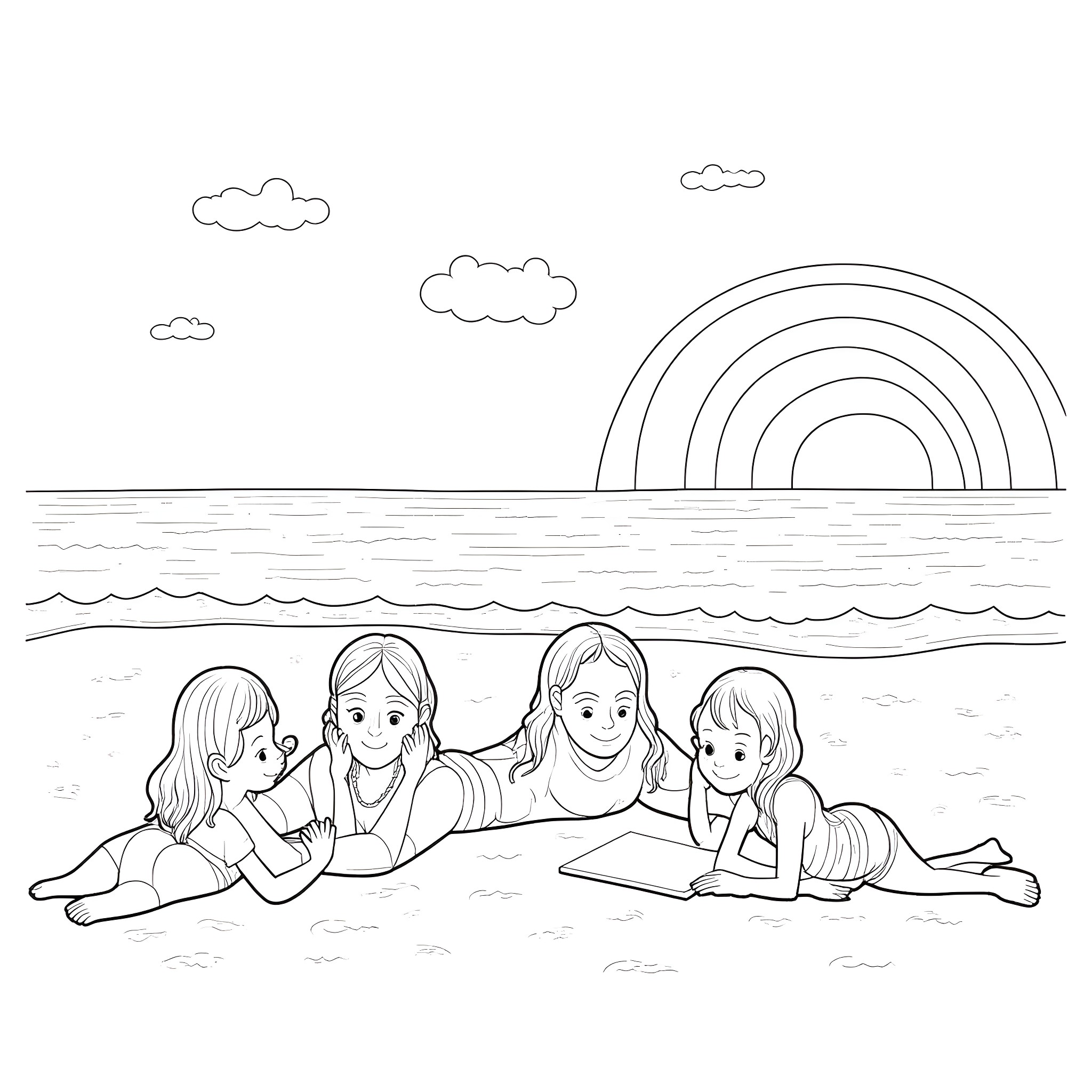 Friends enjoying the sun by the beach Coloring Page (free black-and-white line drawing printable PDF for all, from beginners to advanced learners, including children, teens, adults, and seniors)