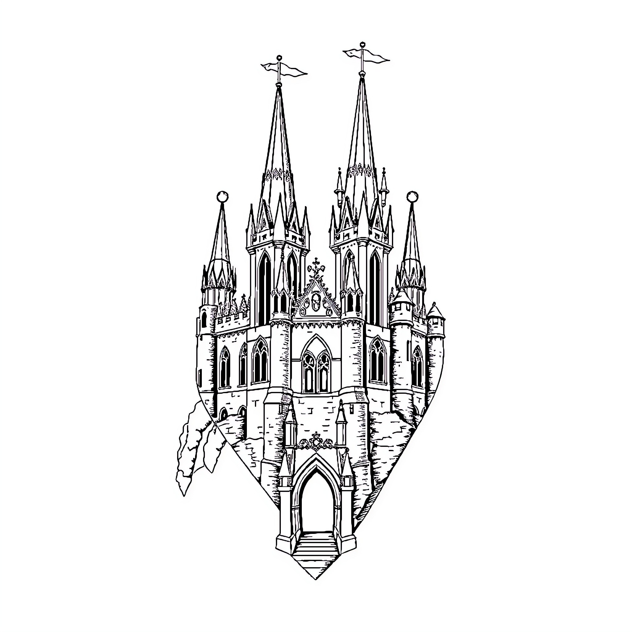 Castle with Ornate Spires and Towers Coloring Page (free black-and-white line drawing printable PDF for all, from beginners to advanced learners, including children, teens, adults, and seniors)