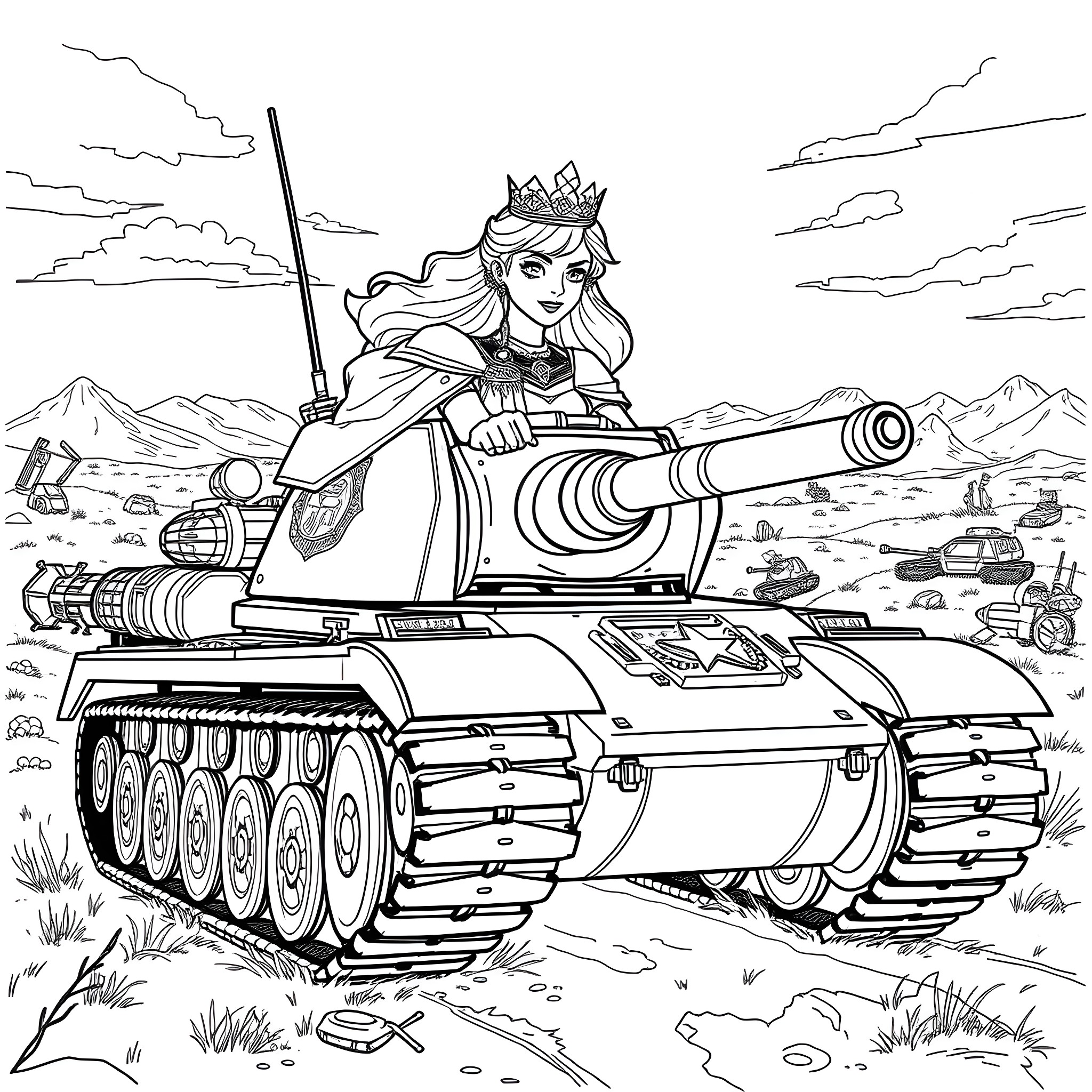 Princess Tank Commanding a Mighty Armored Vehicle Coloring Page (free black-and-white line drawing printable PDF for all, from beginners to advanced learners, including children, teens, adults, and seniors)