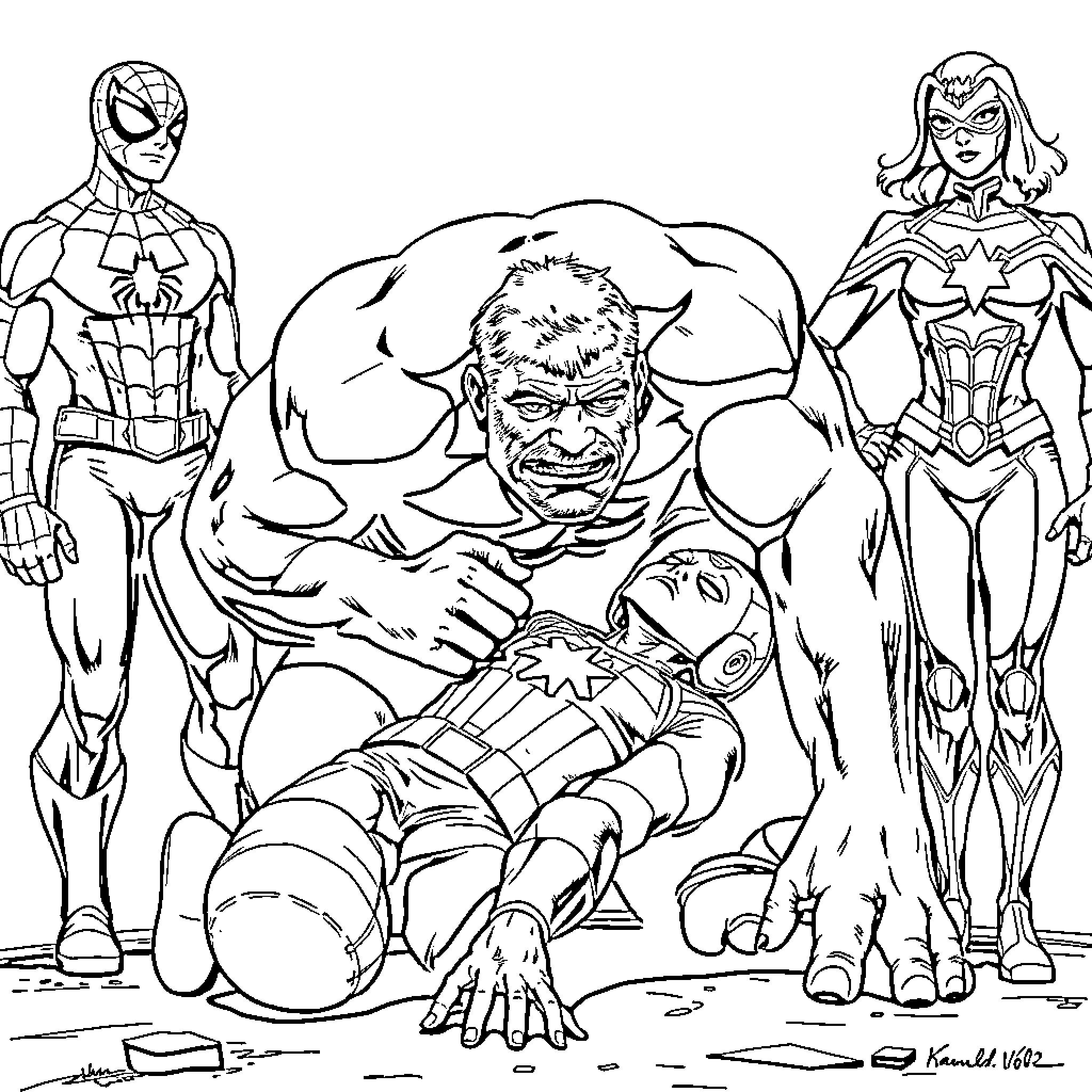 Hulk battles superheroes in dramatic action scene Coloring Page (free black-and-white line drawing printable PDF for all, from beginners to advanced learners, including children, teens, adults, and seniors)