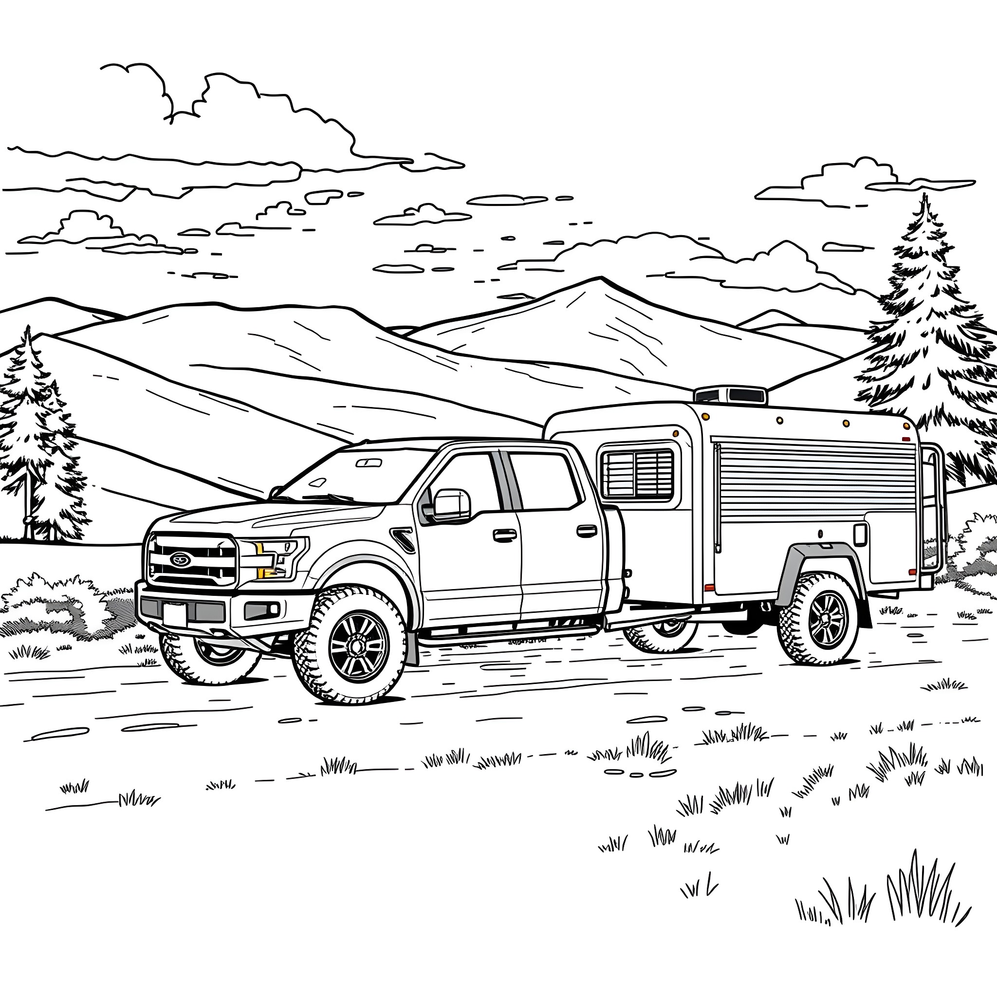 Pickup truck carrying camping equipment in scenic countryside Coloring Page (free black-and-white line drawing printable PDF for all, from beginners to advanced learners, including children, teens, adults, and seniors)
