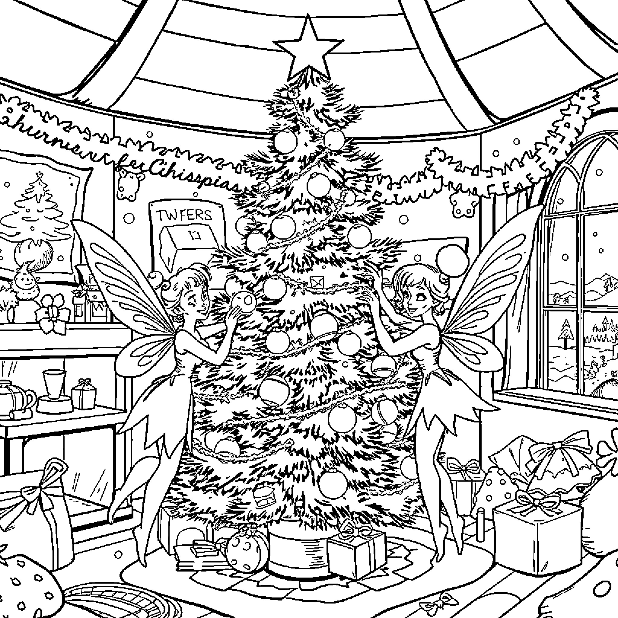 Fairy Elves Decorating Christmas Tree in Winter Scene Coloring Page (free black-and-white line drawing printable PDF for all, from beginners to advanced learners, including children, teens, adults, and seniors)
