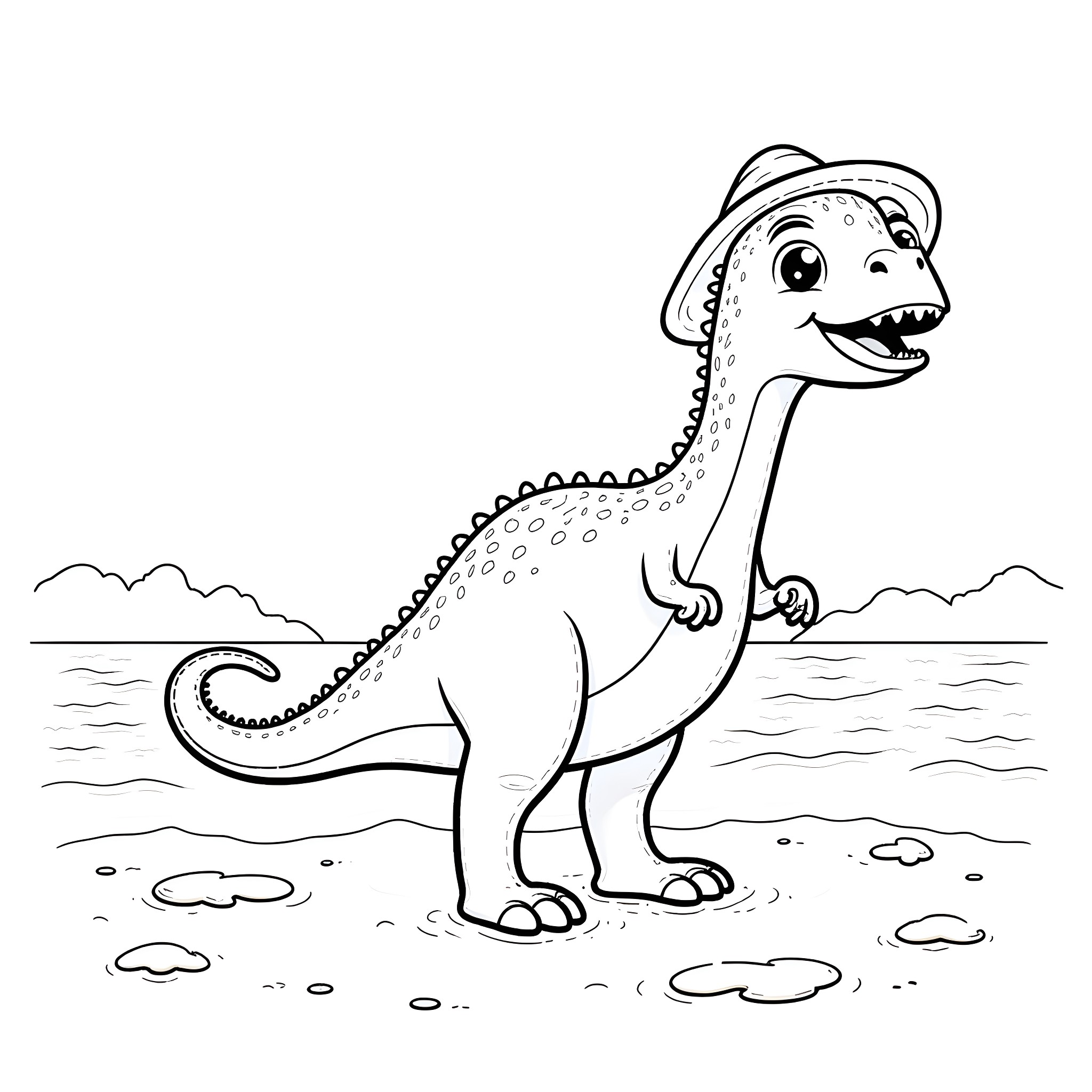 Dinosaur in a cheerful pose near the water Coloring Page (free black-and-white line drawing printable PDF for all, from beginners to advanced learners, including children, teens, adults, and seniors)