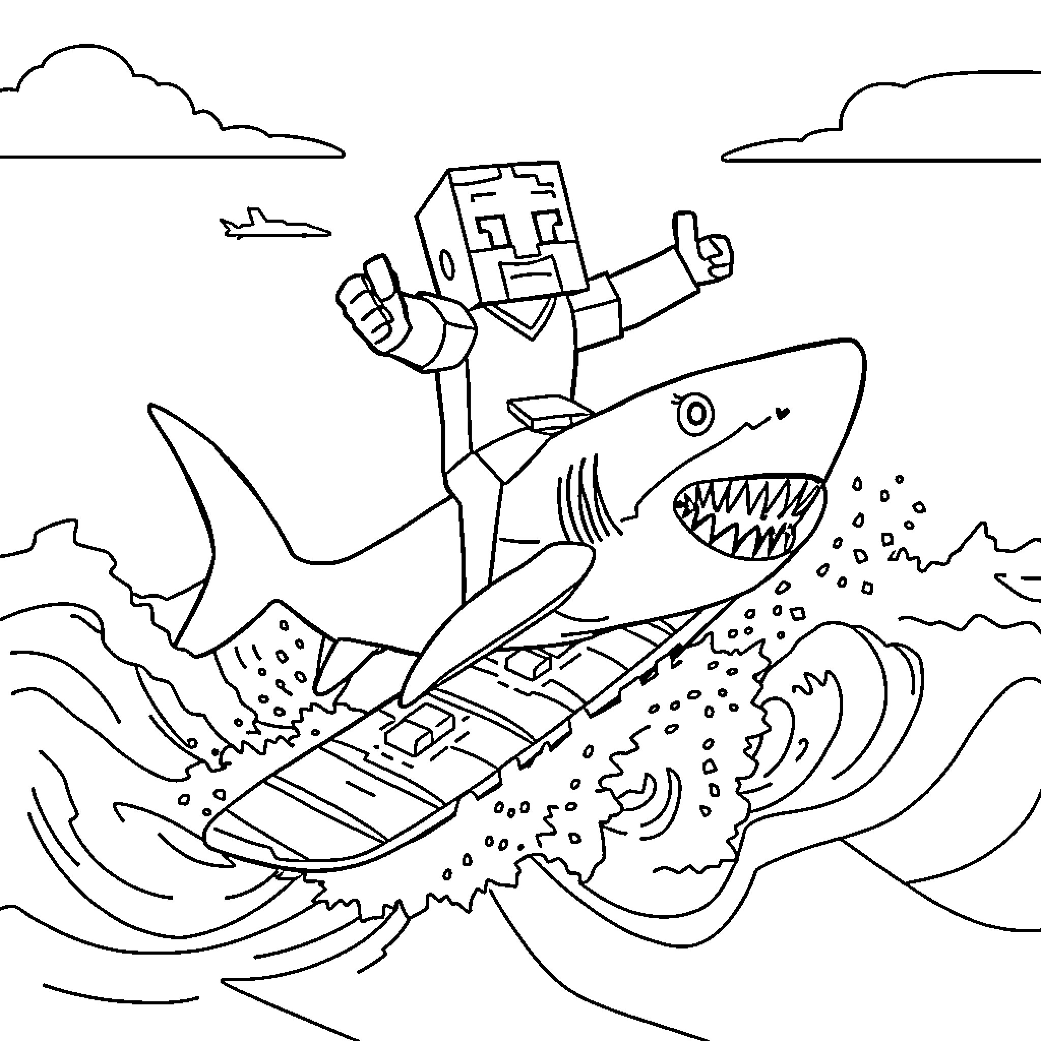 Steve's Shark Surfing Adventure Coloring Page (free black-and-white line drawing printable PDF for all, from beginners to advanced learners, including children, teens, adults, and seniors)