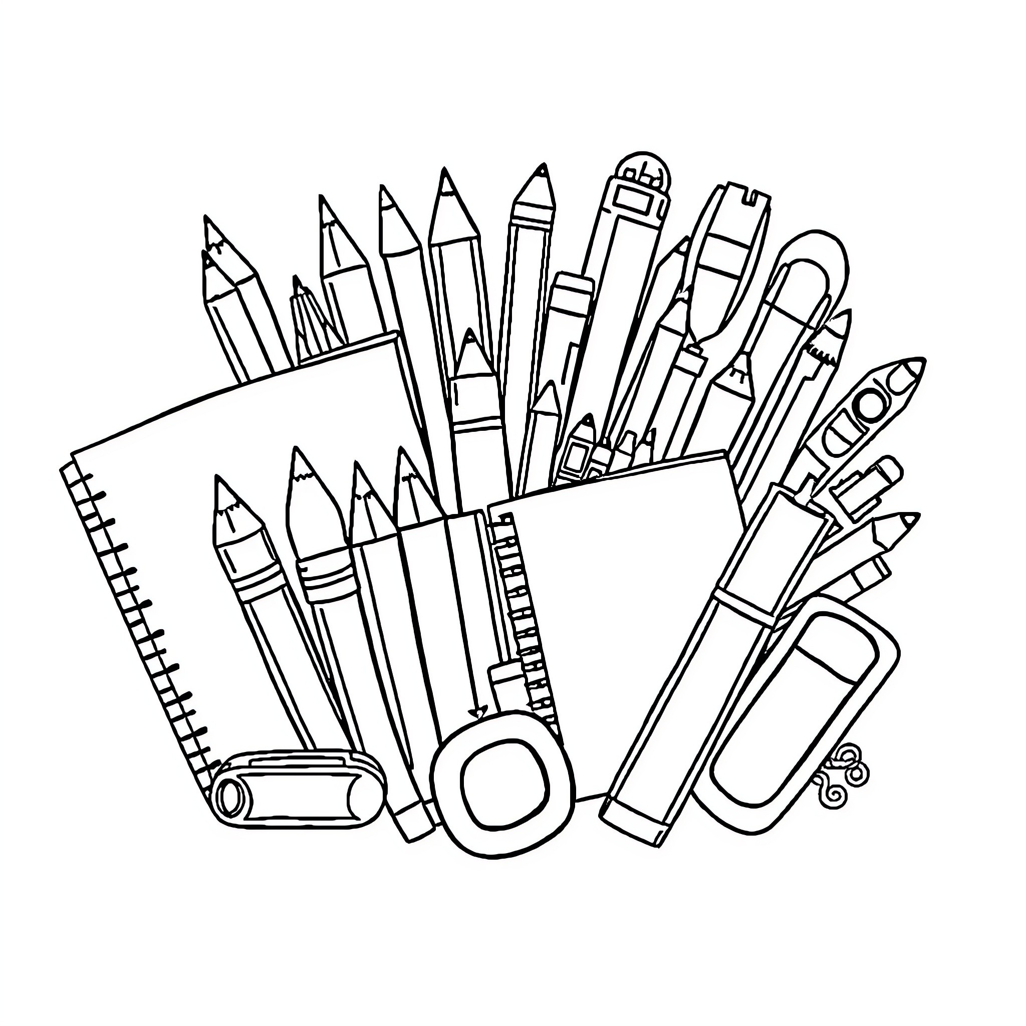 School Supply Assortment of Stationery Items Coloring Page (free black-and-white line drawing printable PDF for all, from beginners to advanced learners, including children, teens, adults, and seniors)