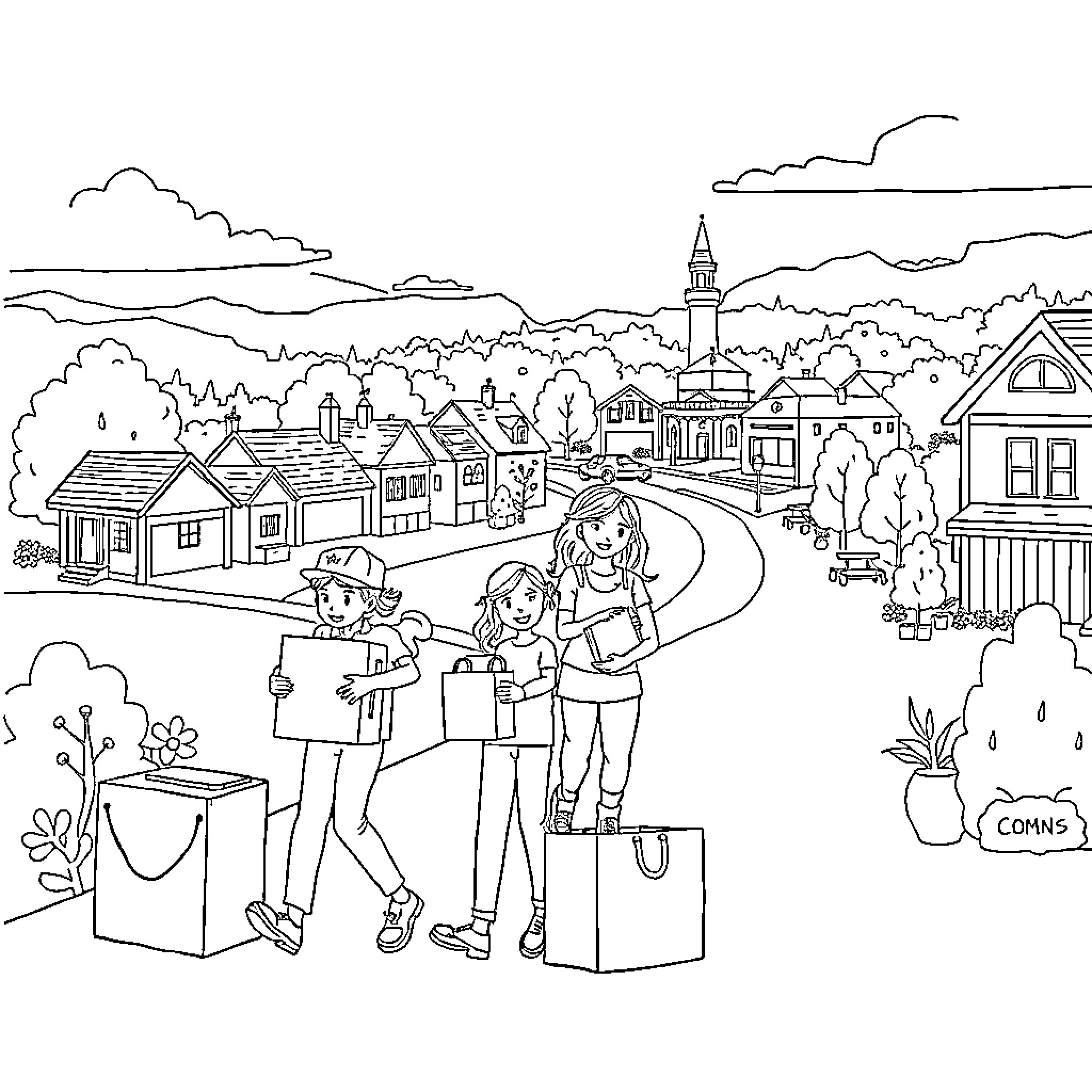 Move Through the Quaint Town with Travelers Coloring Page (free black-and-white line drawing printable PDF for all, from beginners to advanced learners, including children, teens, adults, and seniors)