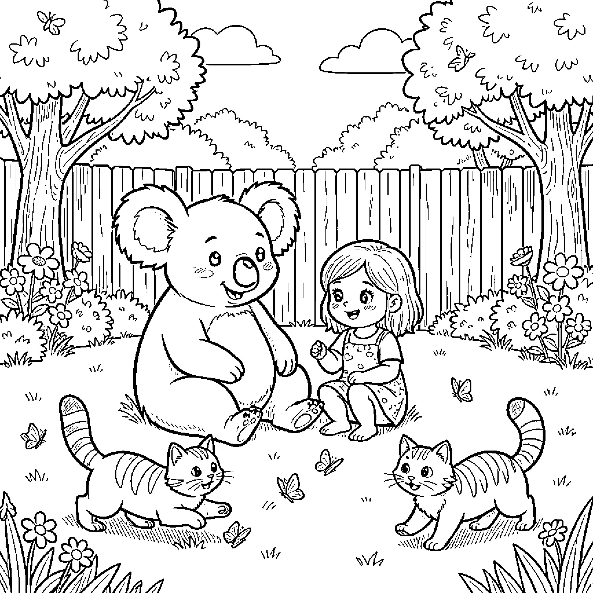 Koala and child playing with cats in the garden Coloring Page (free black-and-white line drawing printable PDF for all, from beginners to advanced learners, including children, teens, adults, and seniors)