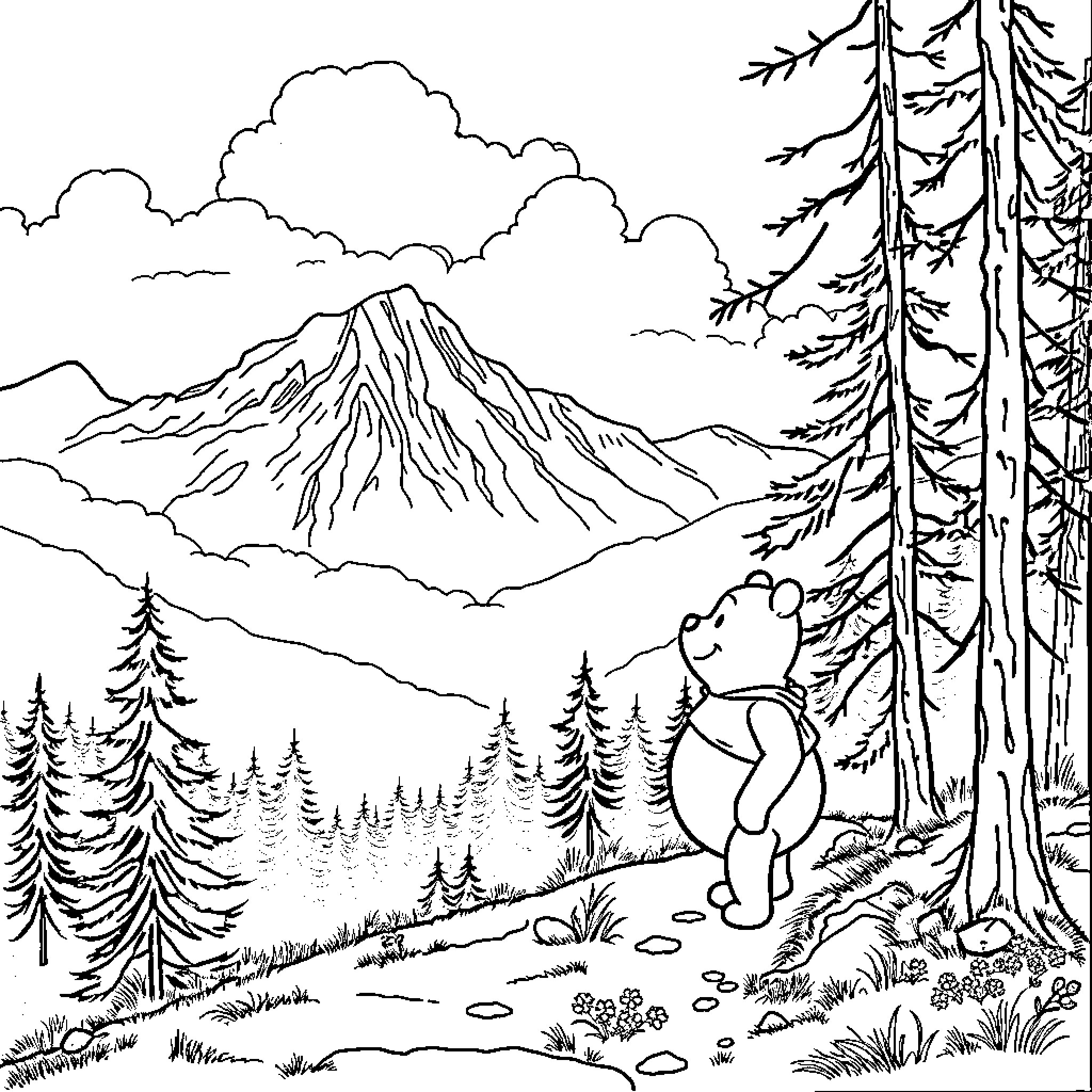 Winnie The Pooh exploring a scenic mountain landscape Coloring Page (free black-and-white line drawing printable PDF for all, from beginners to advanced learners, including children, teens, adults, and seniors)