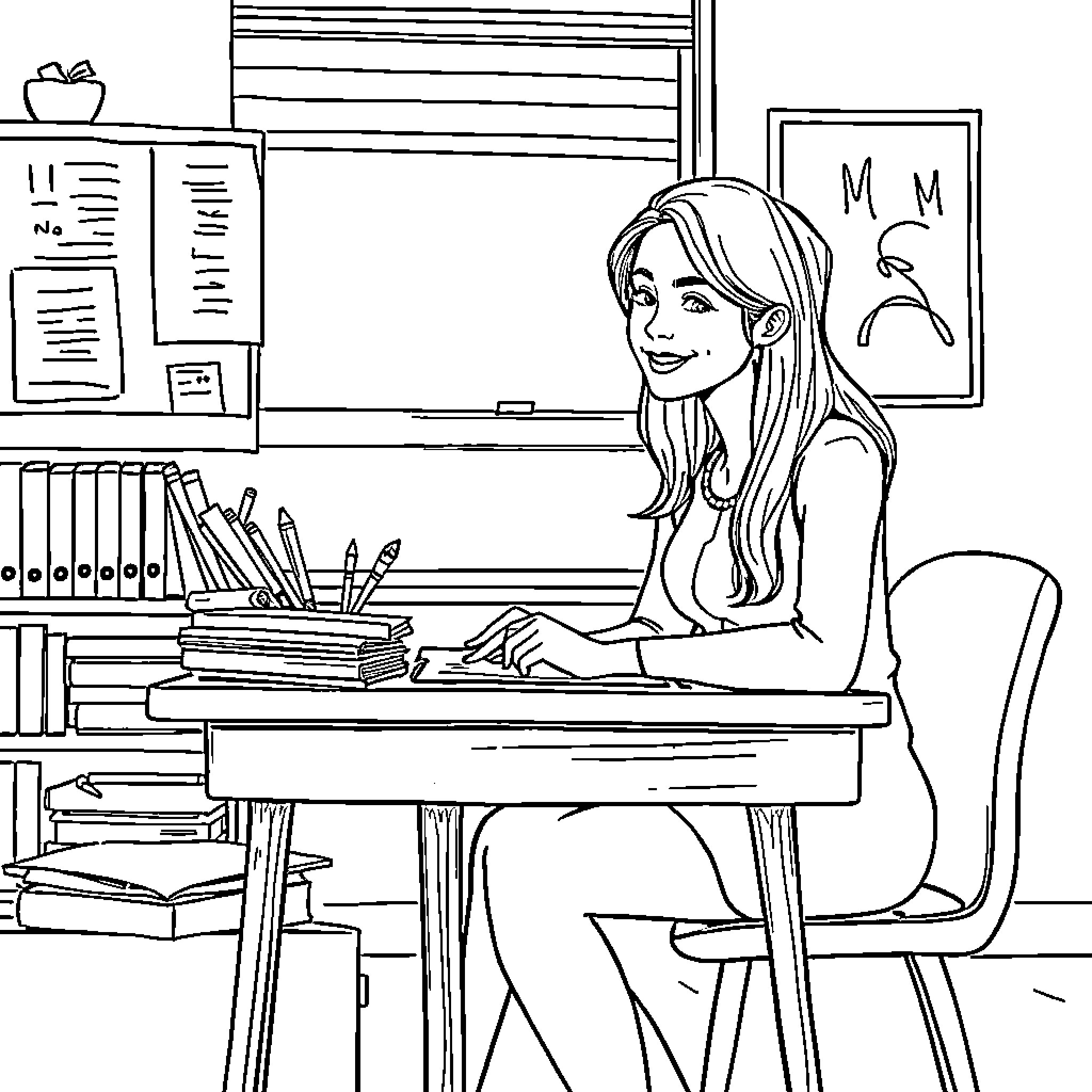 Teacher assisting students in the classroom Coloring Page (free black-and-white line drawing printable PDF for all, from beginners to advanced learners, including children, teens, adults, and seniors)