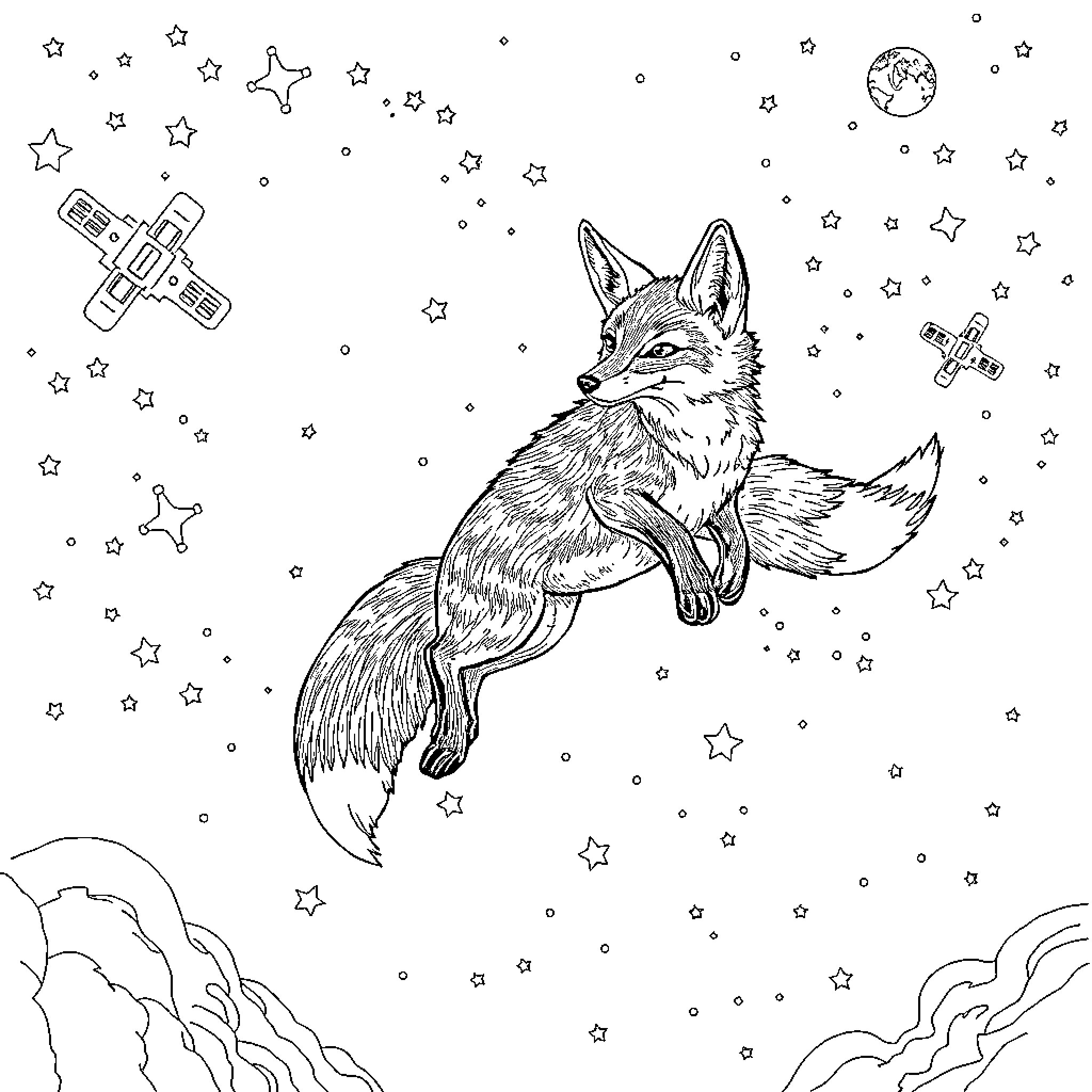 Fox flying through the starry night sky Coloring Page (free black-and-white line drawing printable PDF for all, from beginners to advanced learners, including children, teens, adults, and seniors)