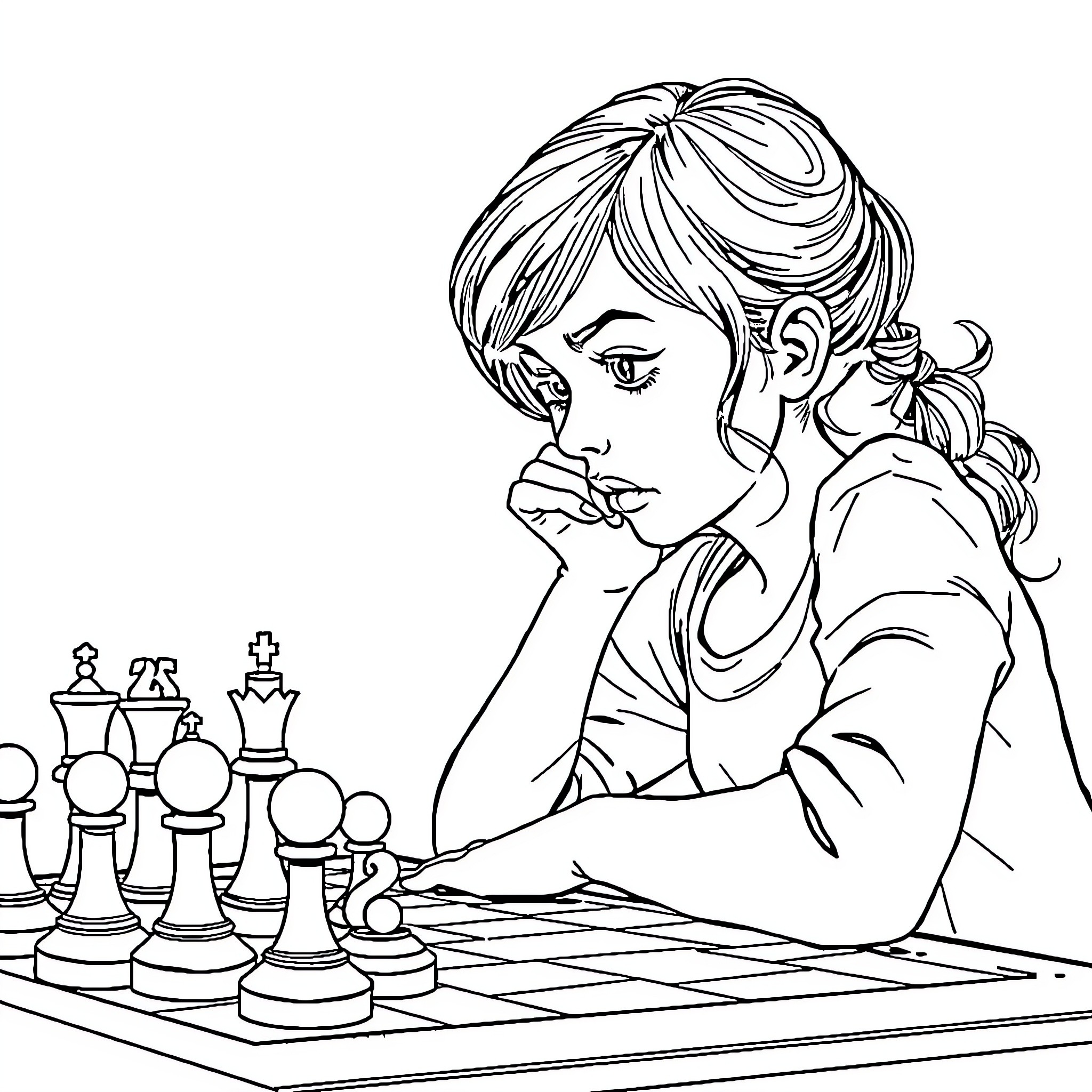 Anna Cramling playing chess with focused expression Coloring Page (free black-and-white line drawing printable PDF for all, from beginners to advanced learners, including children, teens, adults, and seniors)