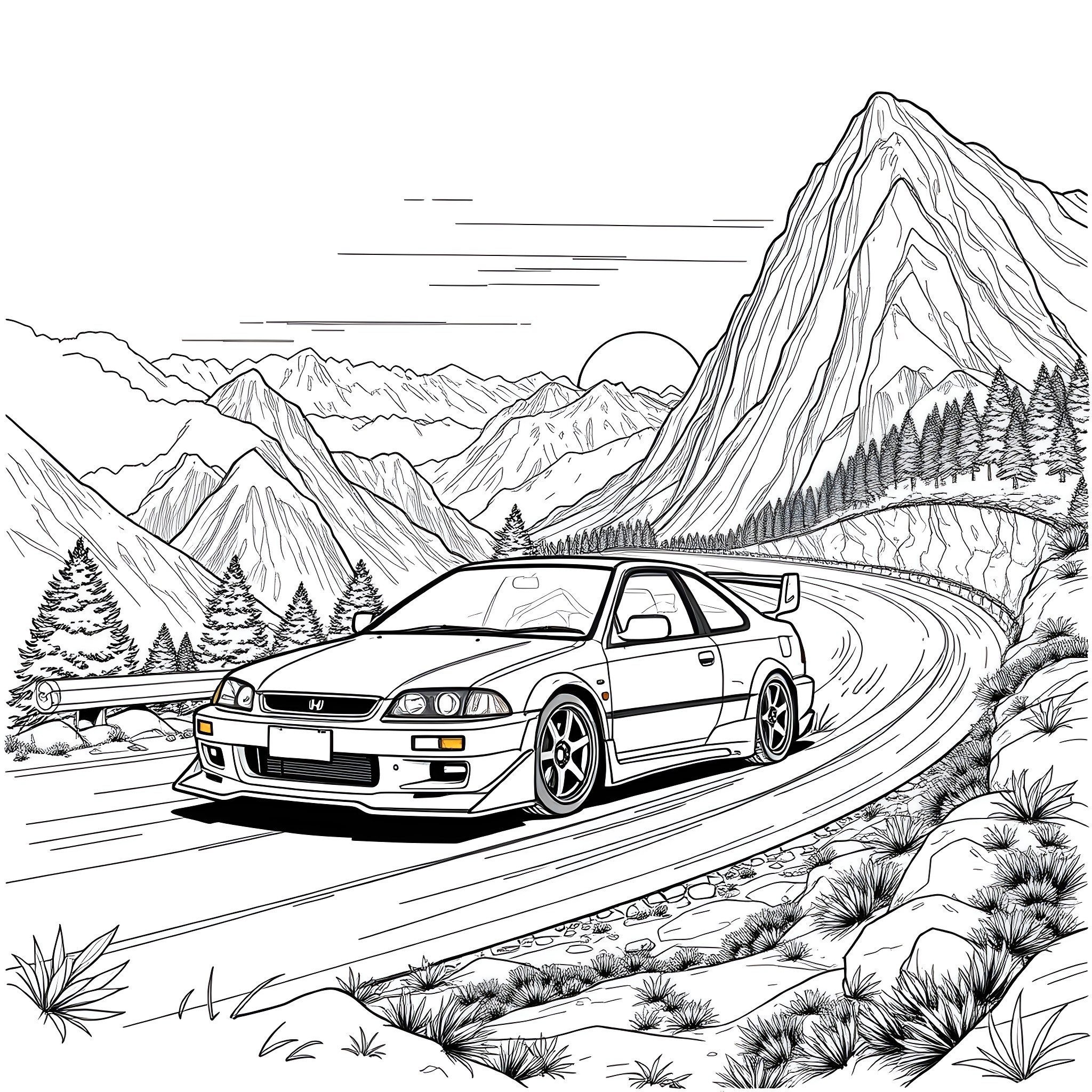Honda Civic speeding through a winding mountain road Coloring Page (free black-and-white line drawing printable PDF for all, from beginners to advanced learners, including children, teens, adults, and seniors)
