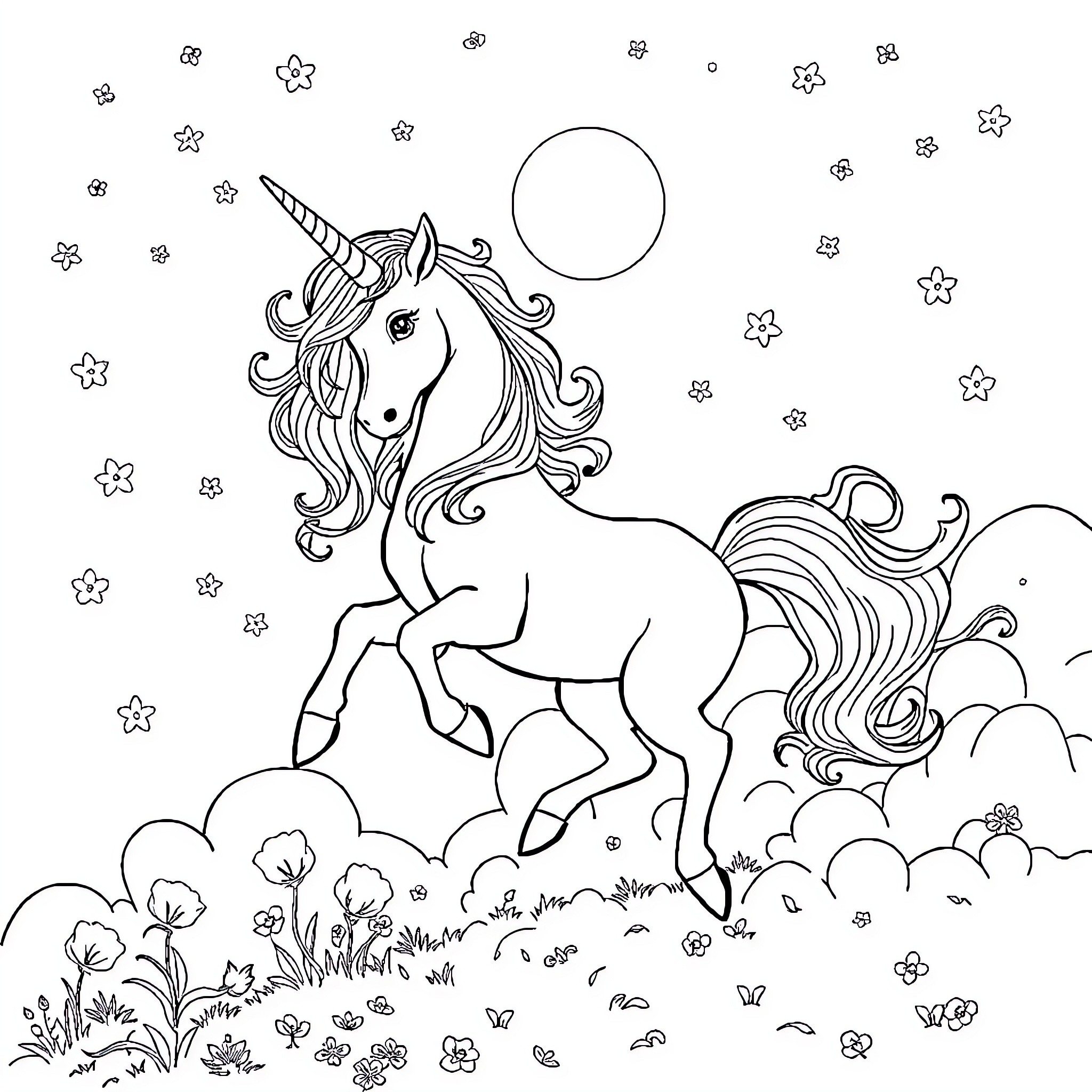Unicorn dancing playfully among the stars Coloring Page (free black-and-white line drawing printable PDF for all, from beginners to advanced learners, including children, teens, adults, and seniors)