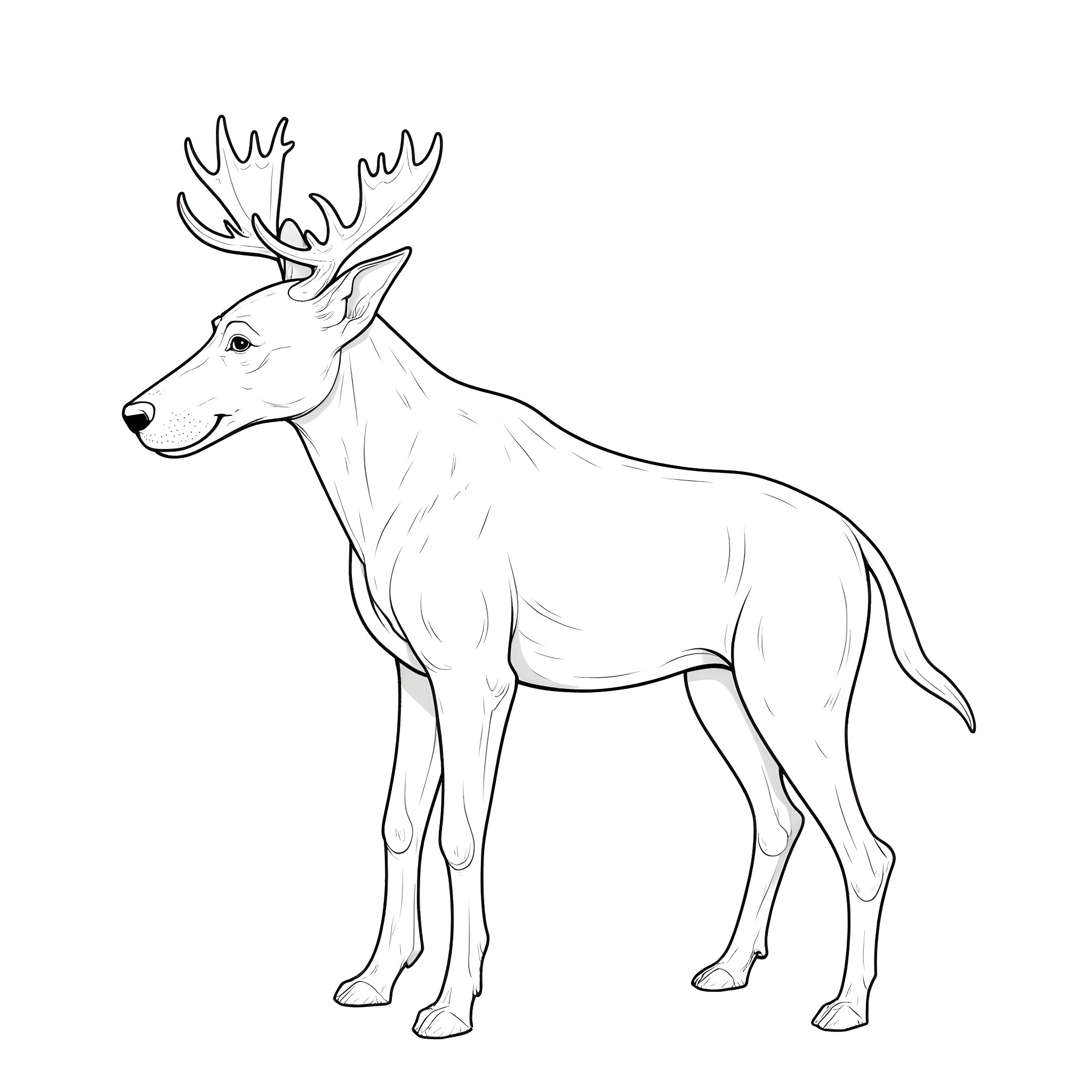 Monster deer with antlers in outline Coloring Page (free black-and-white line drawing printable PDF for all, from beginners to advanced learners, including children, teens, adults, and seniors)