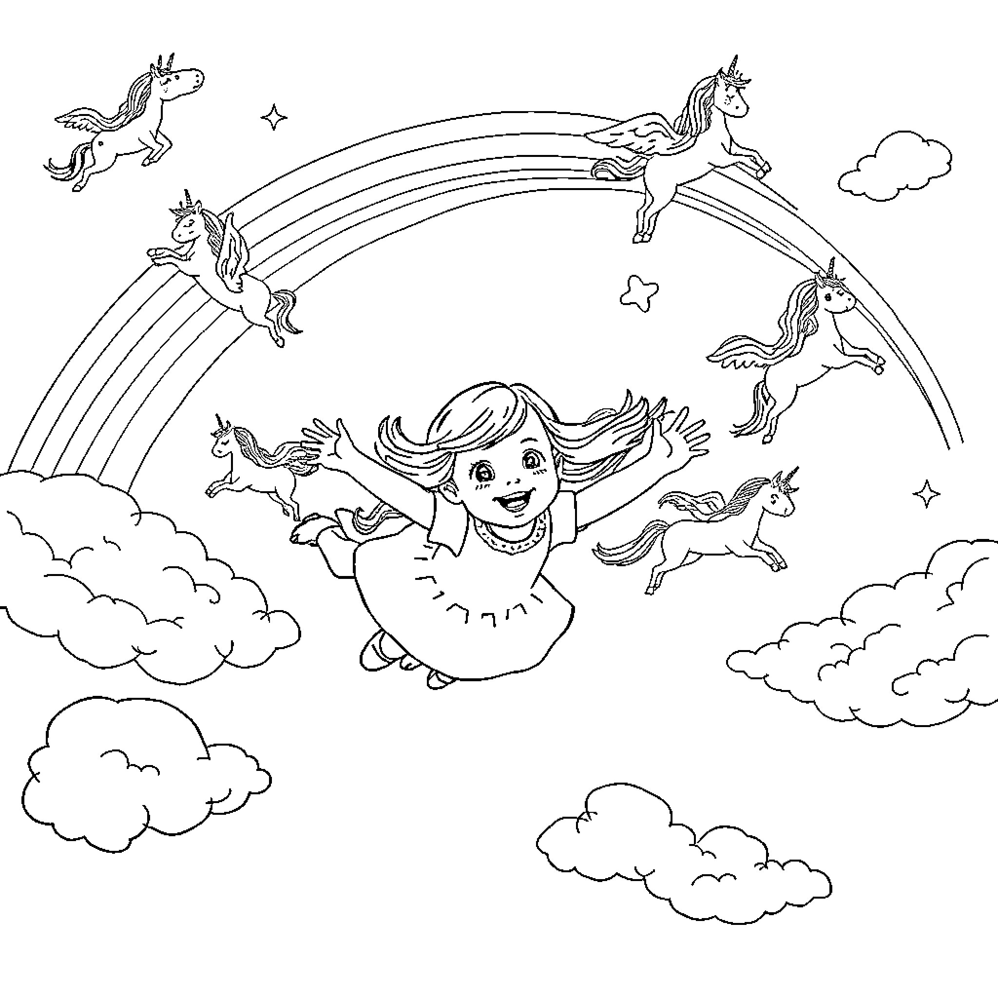 Girl joyfully surrounded by magical unicorns and rainbows Coloring Page (free black-and-white line drawing printable PDF for all, from beginners to advanced learners, including children, teens, adults, and seniors)