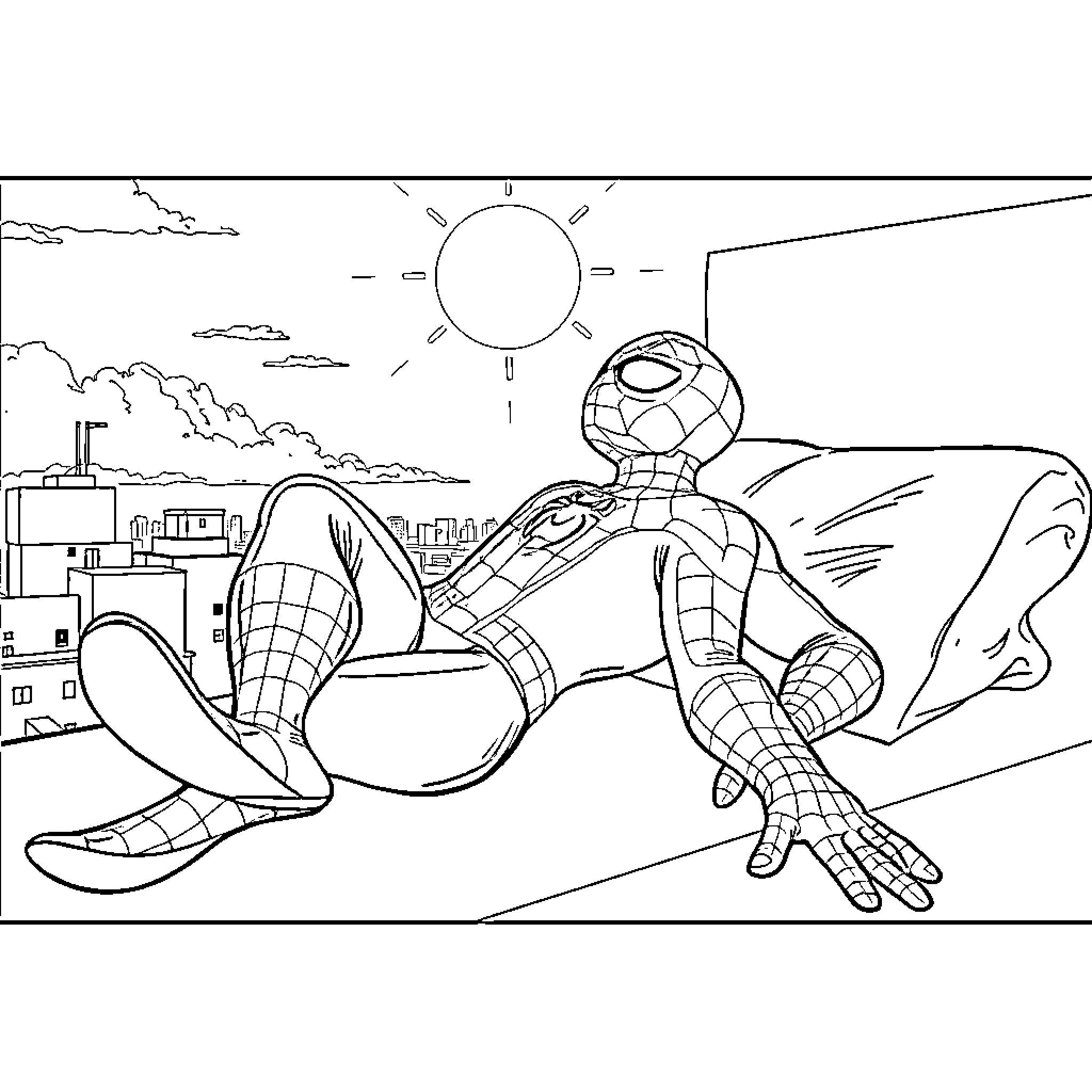 Spiderman swinging through the city in action Coloring Page (free black-and-white line drawing printable PDF for all, from beginners to advanced learners, including children, teens, adults, and seniors)