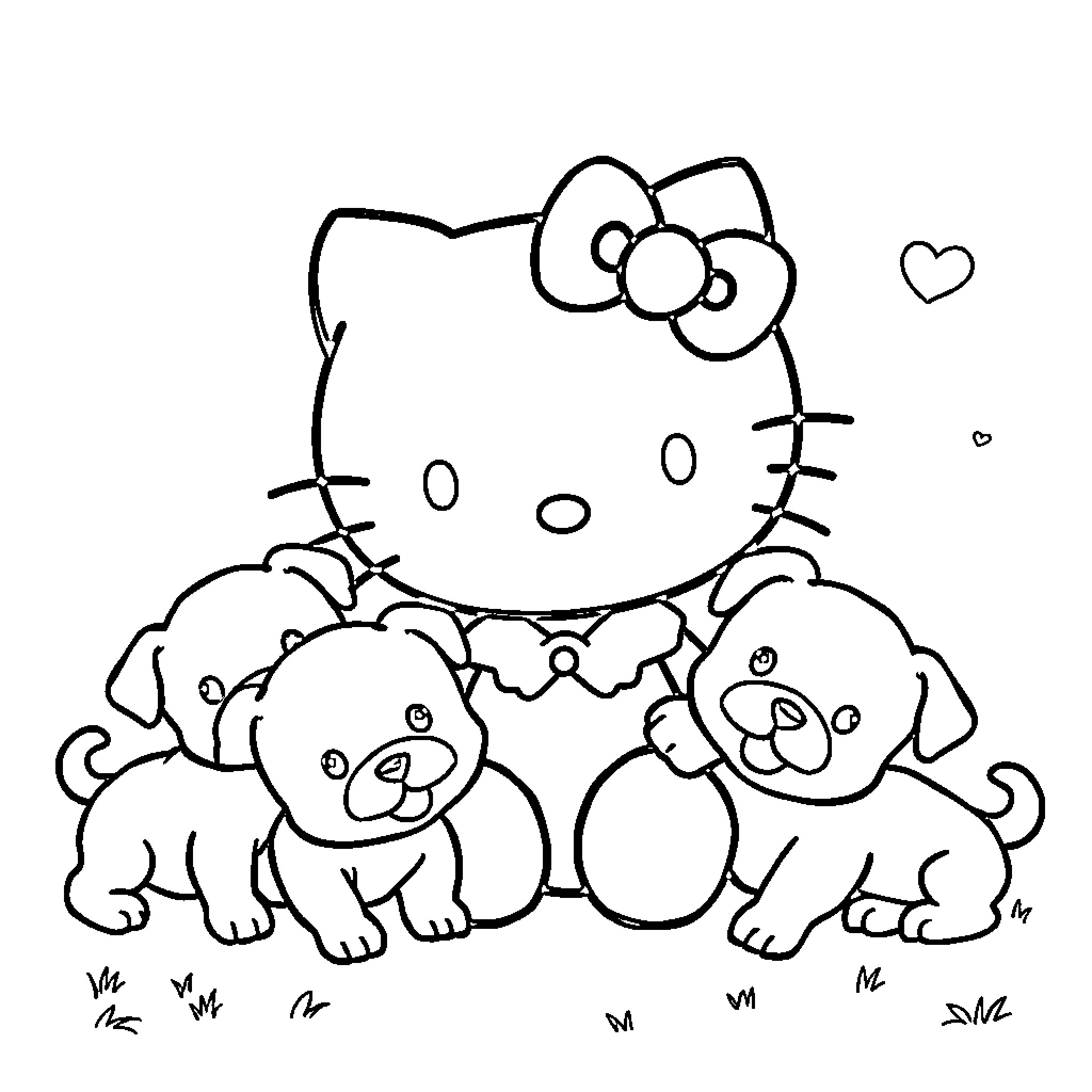 Hello Kitty surrounded by cute animal friends Coloring Page (free black-and-white line drawing printable PDF for all, from beginners to advanced learners, including children, teens, adults, and seniors)