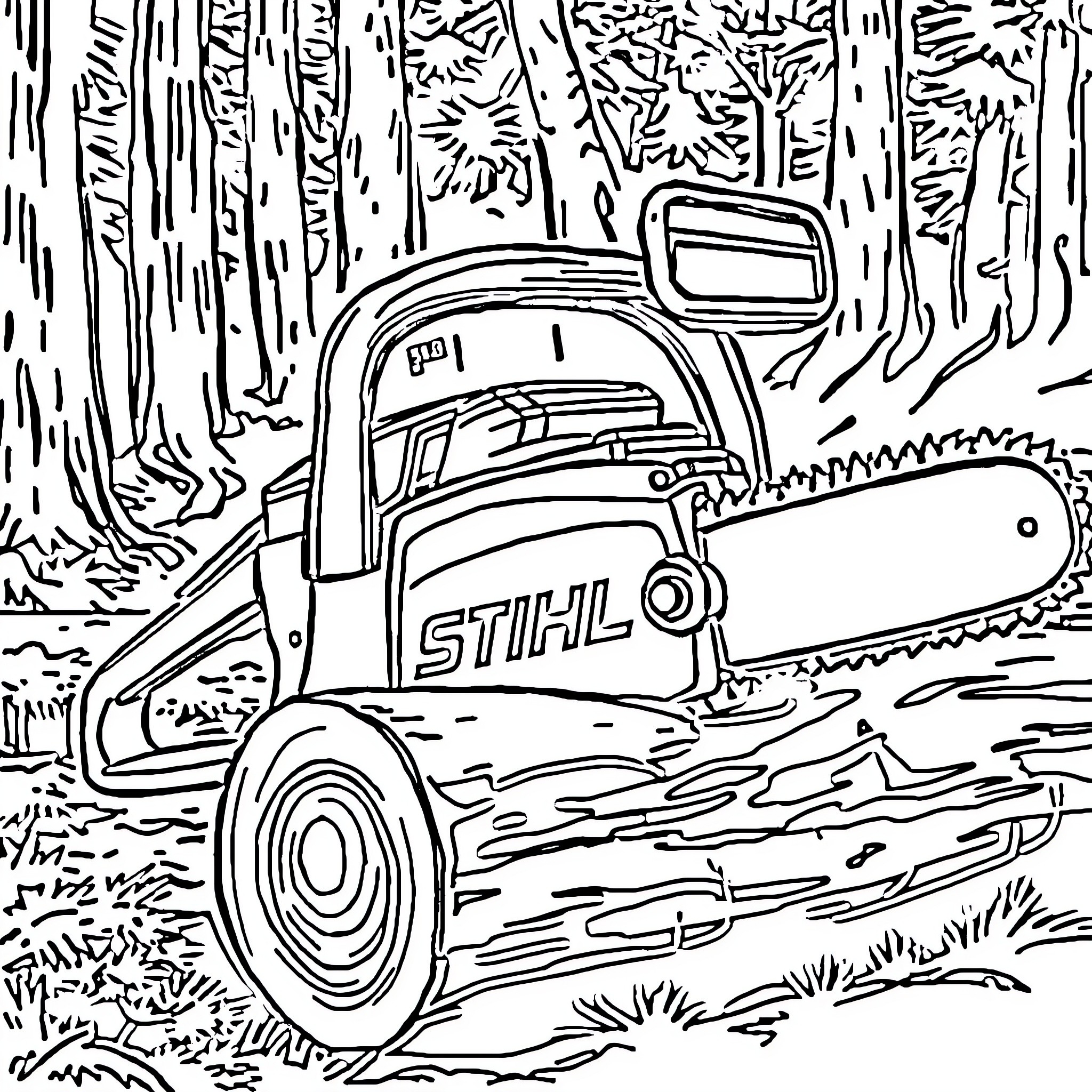 Chainsaw cutting through forest undergrowth Coloring Page (free black-and-white line drawing printable PDF for all, from beginners to advanced learners, including children, teens, adults, and seniors)