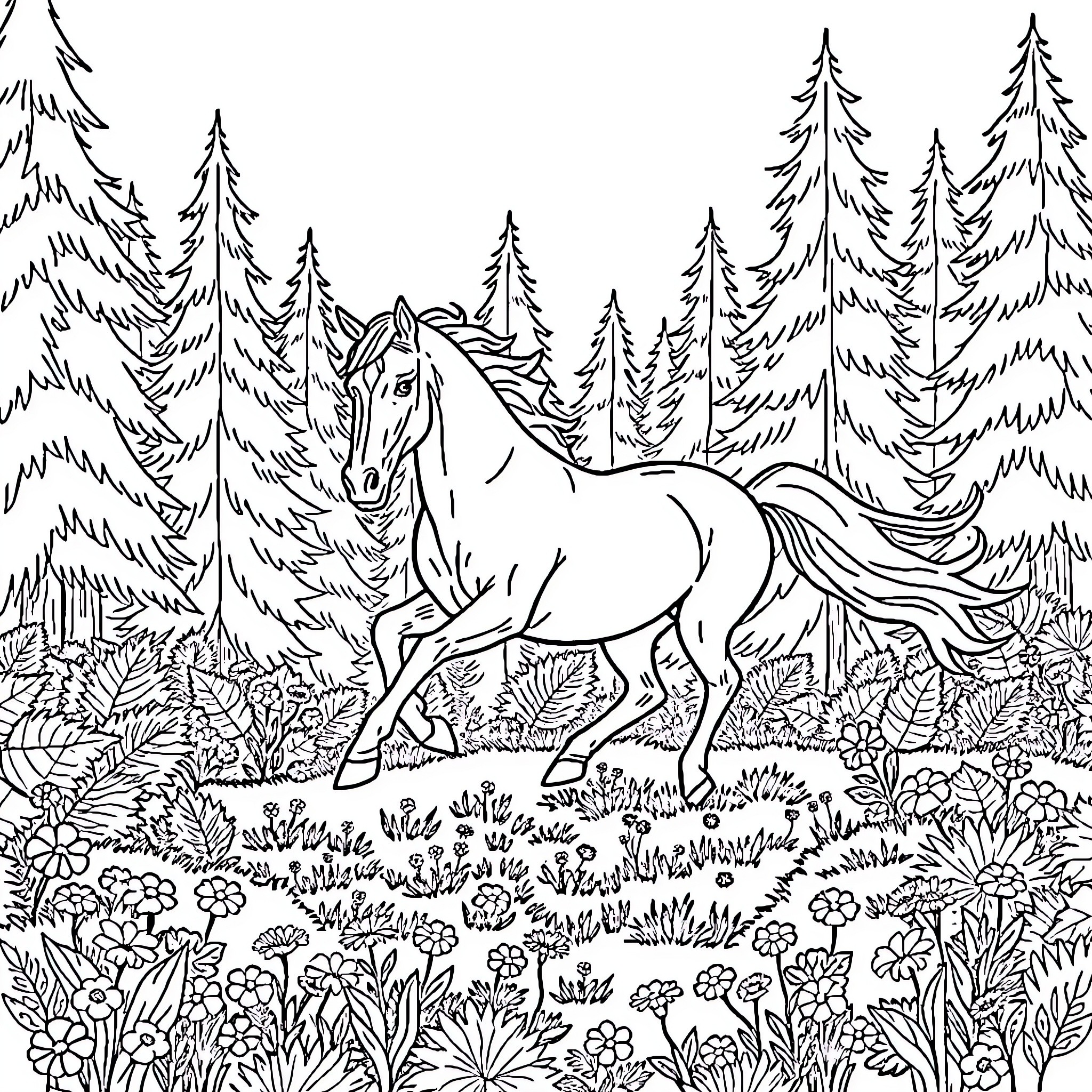 Horse galloping through a forest landscape Coloring Page (free black-and-white line drawing printable PDF for all, from beginners to advanced learners, including children, teens, adults, and seniors)