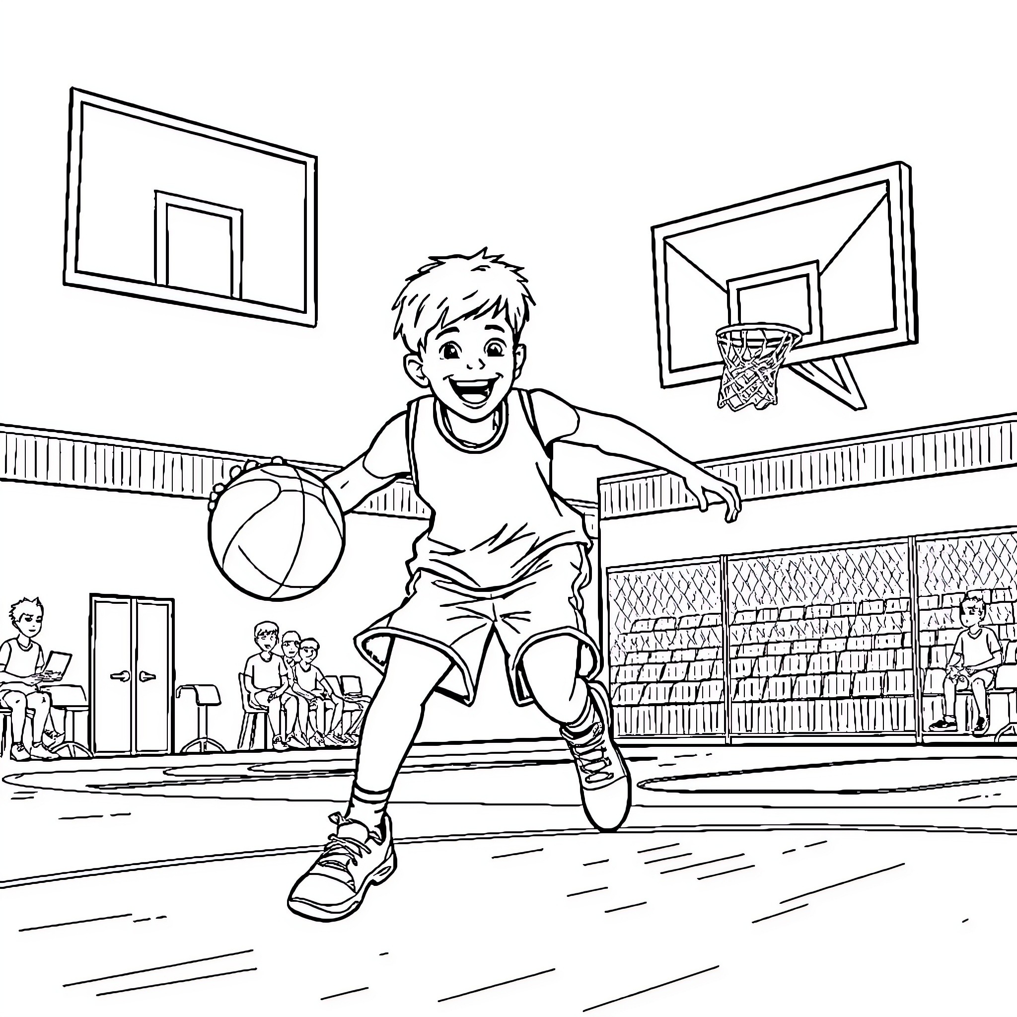Son enjoys playing basketball in the court Coloring Page (free black-and-white line drawing printable PDF for all, from beginners to advanced learners, including children, teens, adults, and seniors)