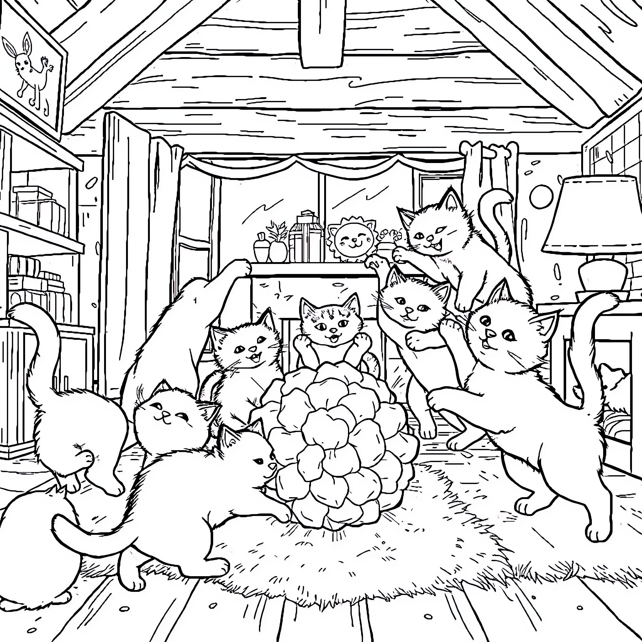 Cat Gathering in a Cozy Cottage Coloring Page (free black-and-white line drawing printable PDF for all, from beginners to advanced learners, including children, teens, adults, and seniors)