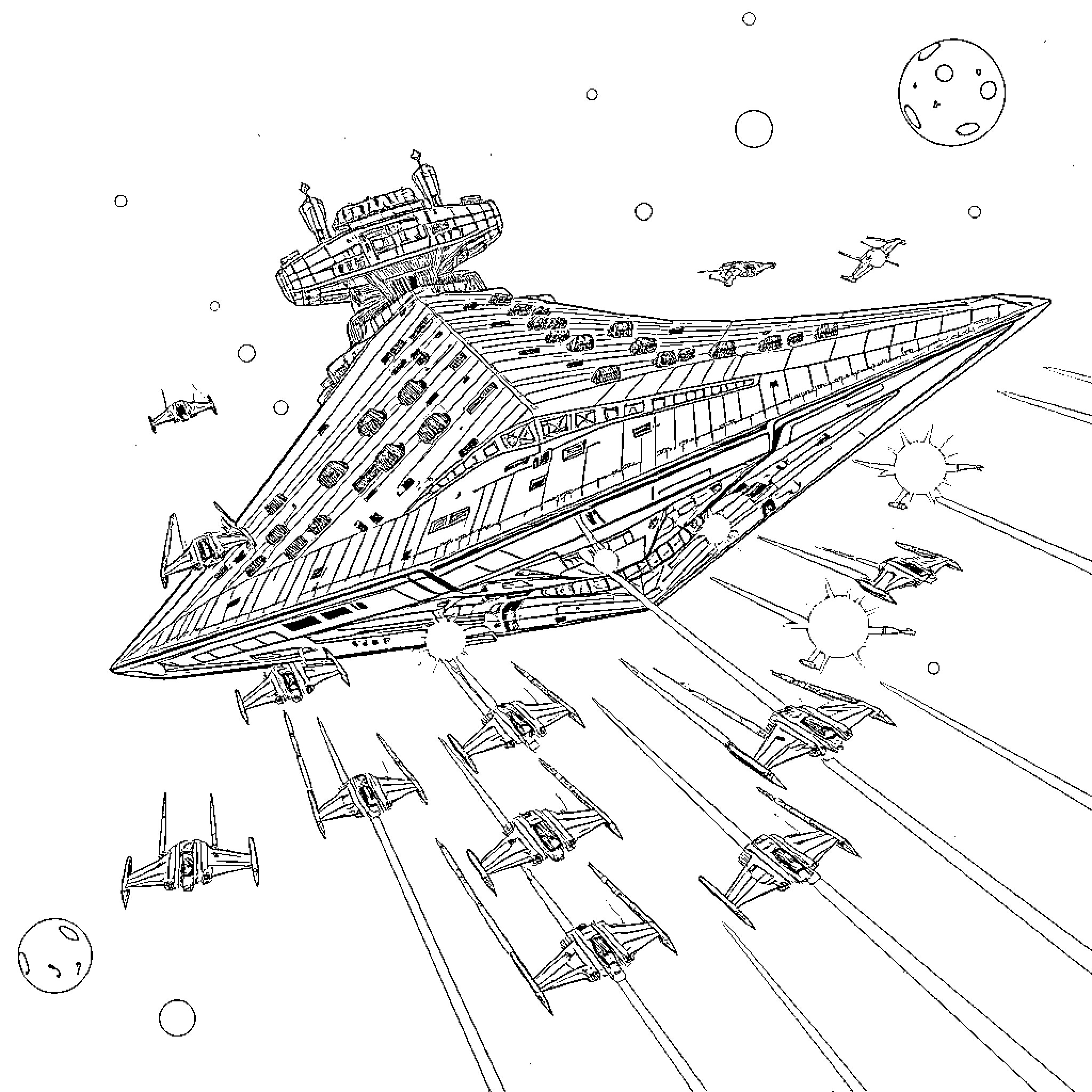 Star Destroyer launching starfighter squadrons into space battle Coloring Page (free black-and-white line drawing printable PDF for all, from beginners to advanced learners, including children, teens, adults, and seniors)