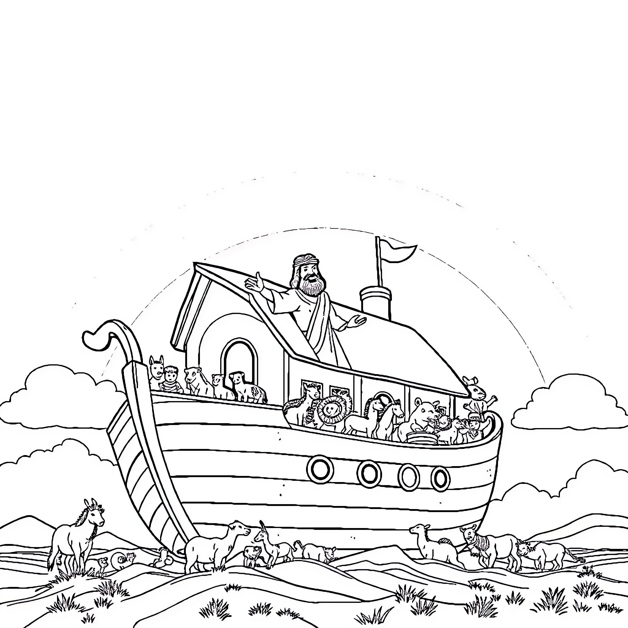 Noah's Ark Filled with Animals Setting Sail Coloring Page (free black-and-white line drawing printable PDF for all, from beginners to advanced learners, including children, teens, adults, and seniors)