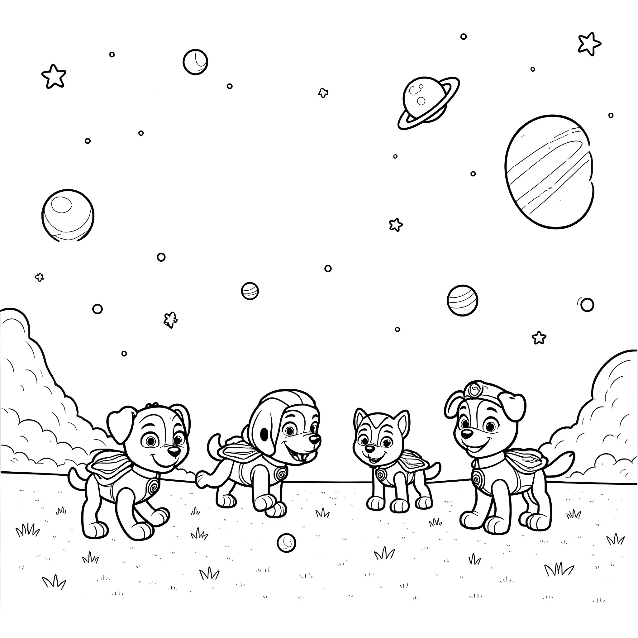 Paw Patrol pups exploring the outer space Coloring Page (free black-and-white line drawing printable PDF for all, from beginners to advanced learners, including children, teens, adults, and seniors)