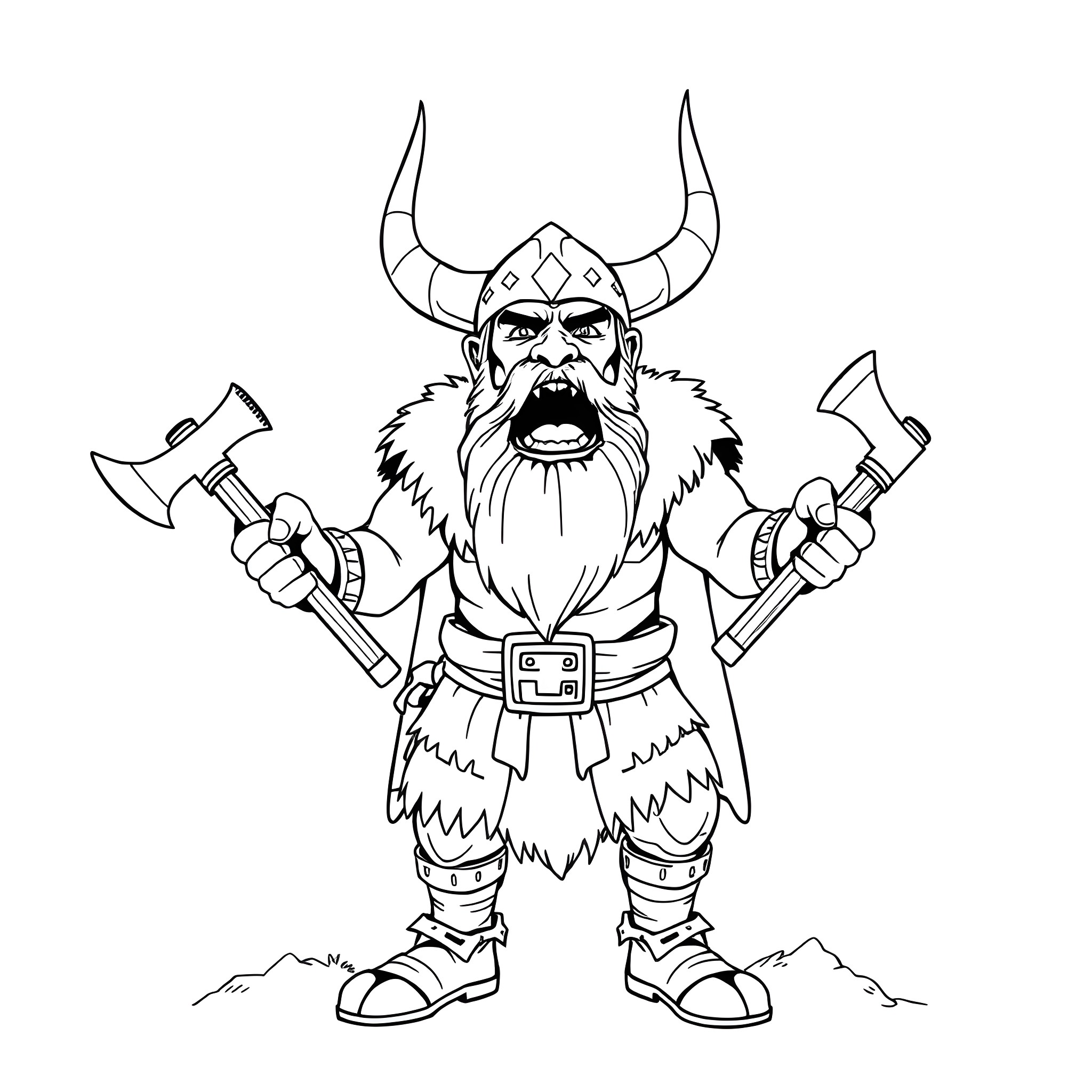 Viking warrior wielding mighty axes in battle Coloring Page (free black-and-white line drawing printable PDF for all, from beginners to advanced learners, including children, teens, adults, and seniors)
